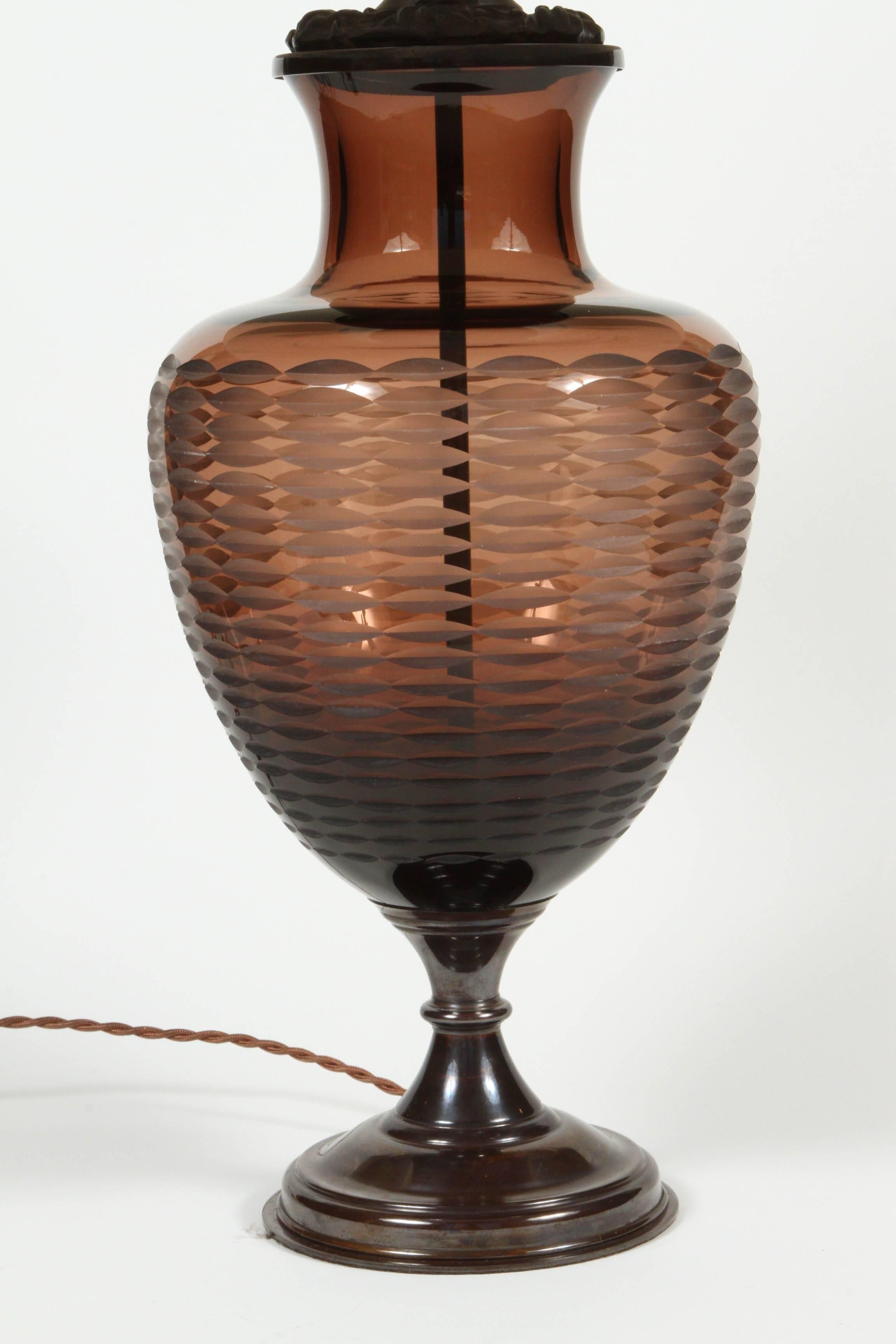 A Lucy Cope handblown amethyst glass table lamp, England, 20th century with a custom hand-pleated pongee silk shade.
