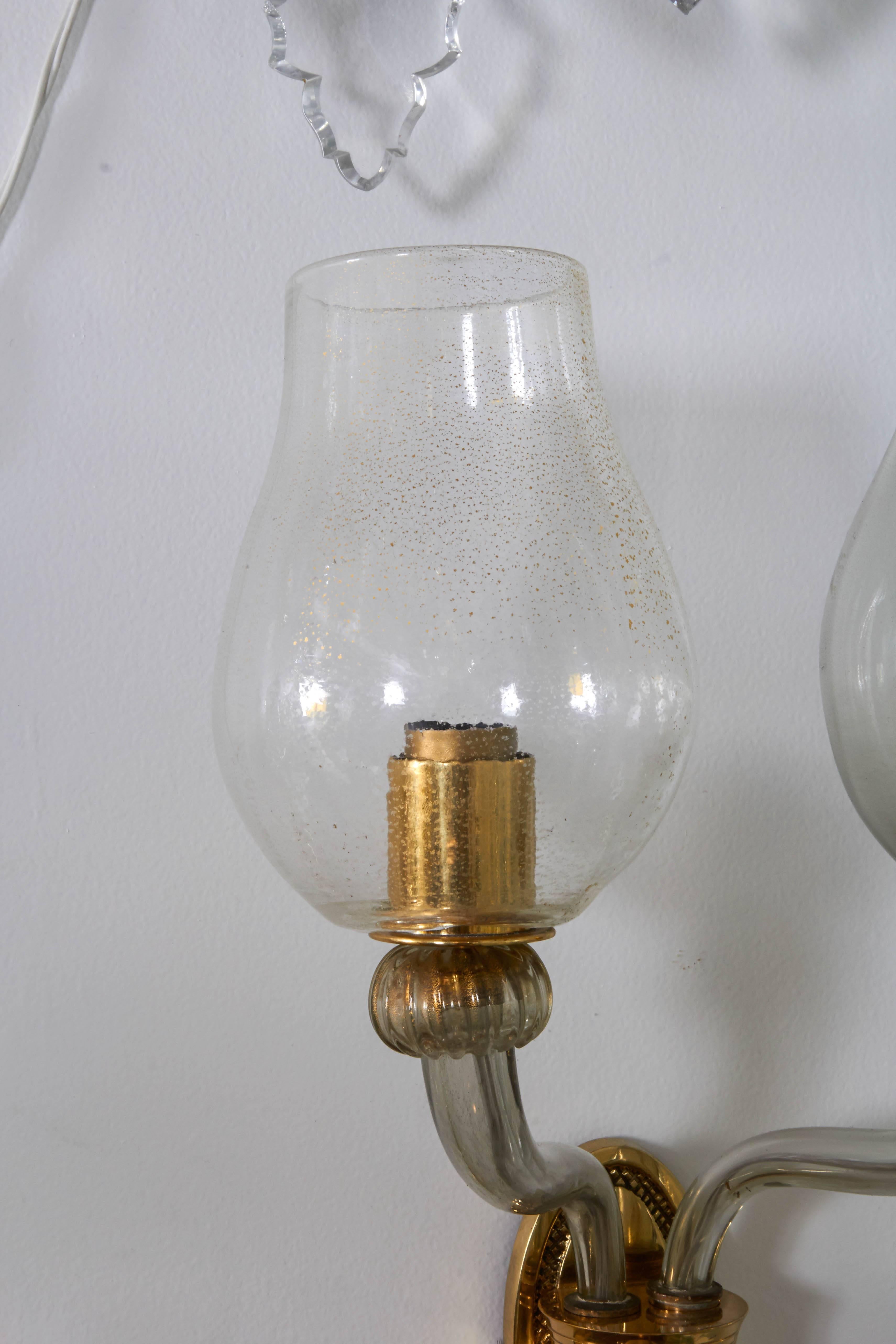 Hollywood Regency Italian Glass and Brass Two-Light Sconce