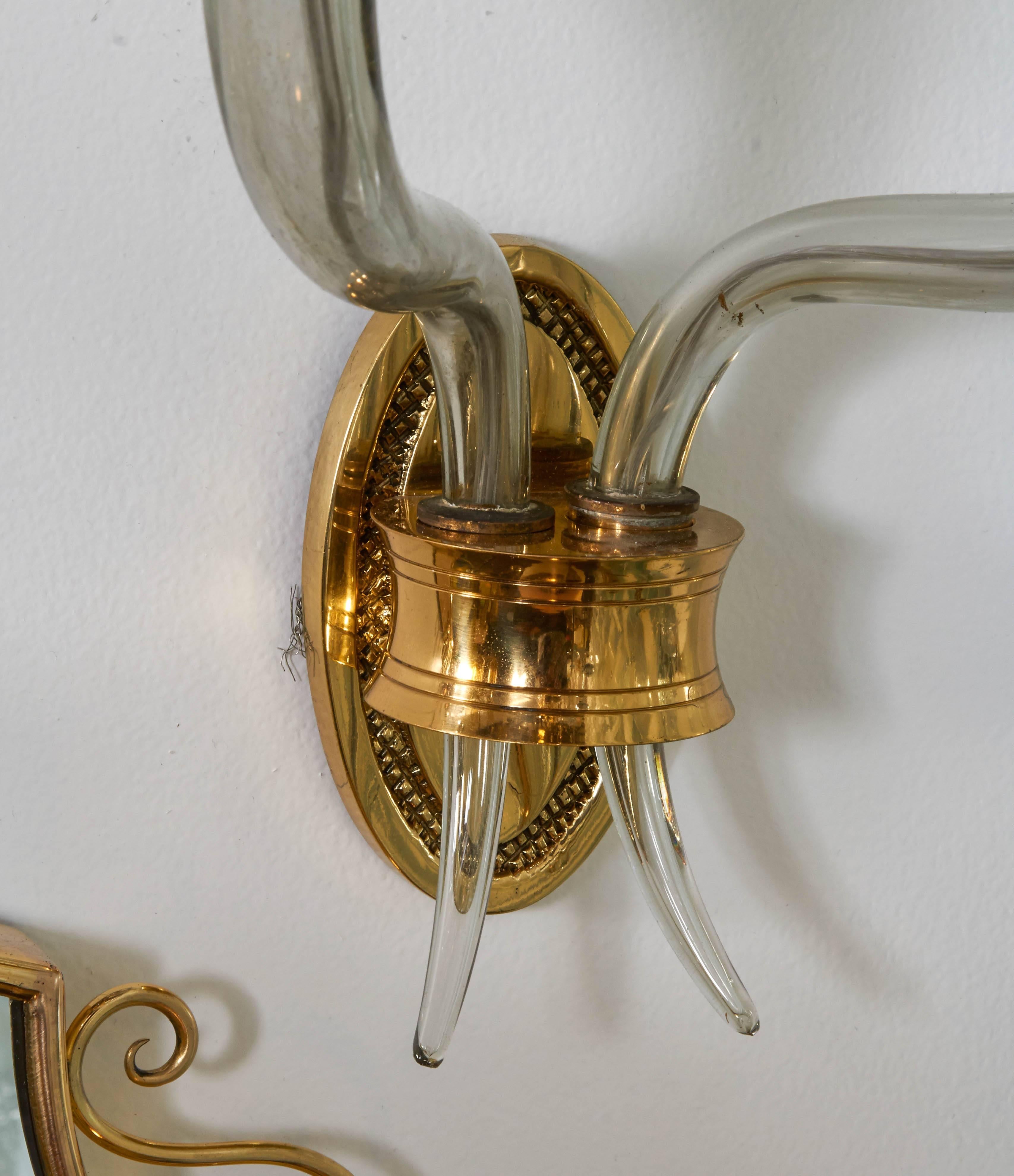 Mid-20th Century Italian Glass and Brass Two-Light Sconce