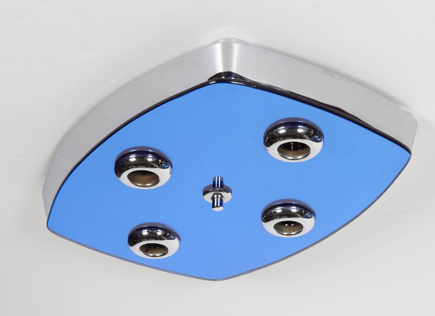 Italian 1970s Blue Mirror Ceiling Mount Fixture by Raleari of Milan For