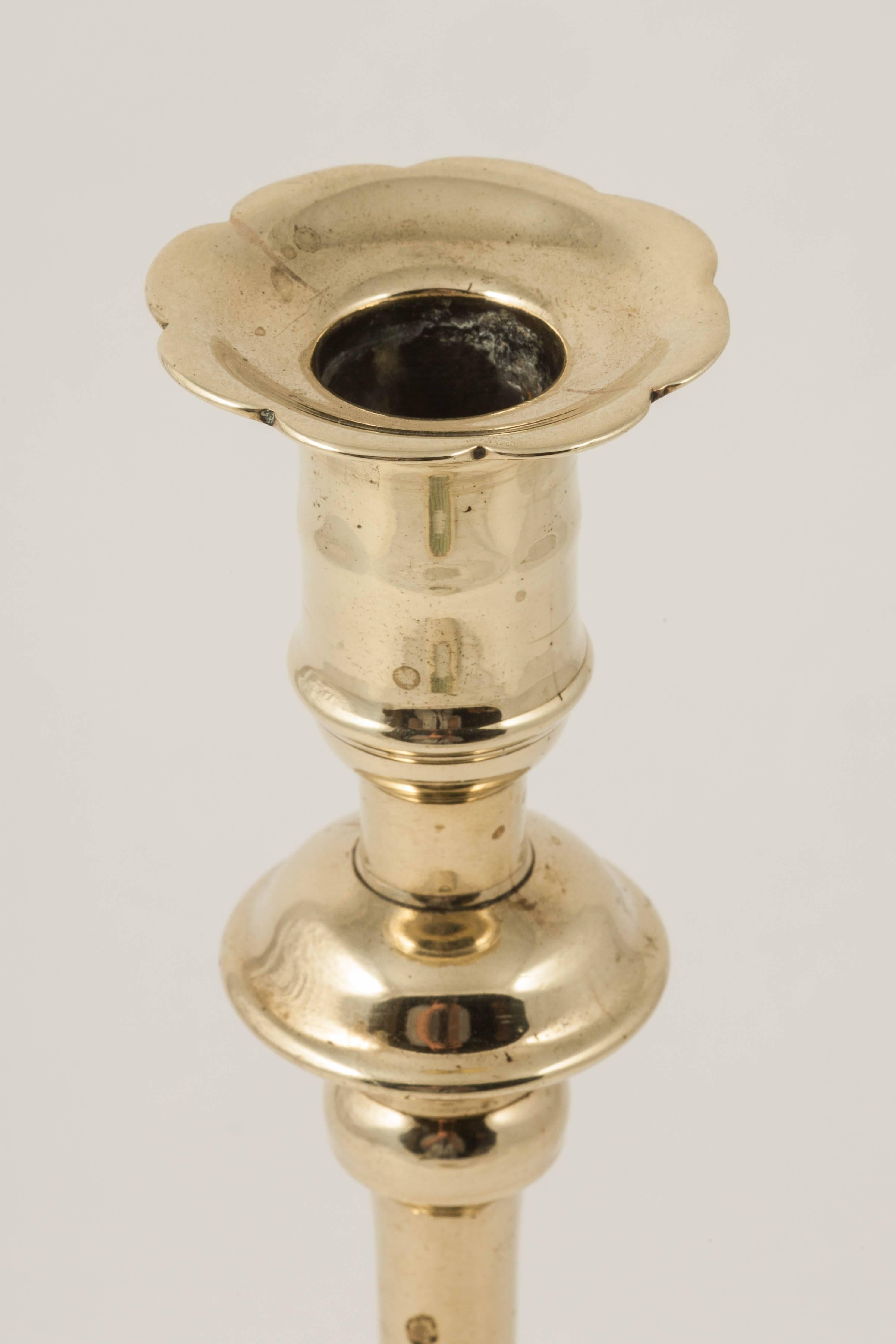 English Rare Pair of Brass Georgian Candlesticks Stamped by the Maker 