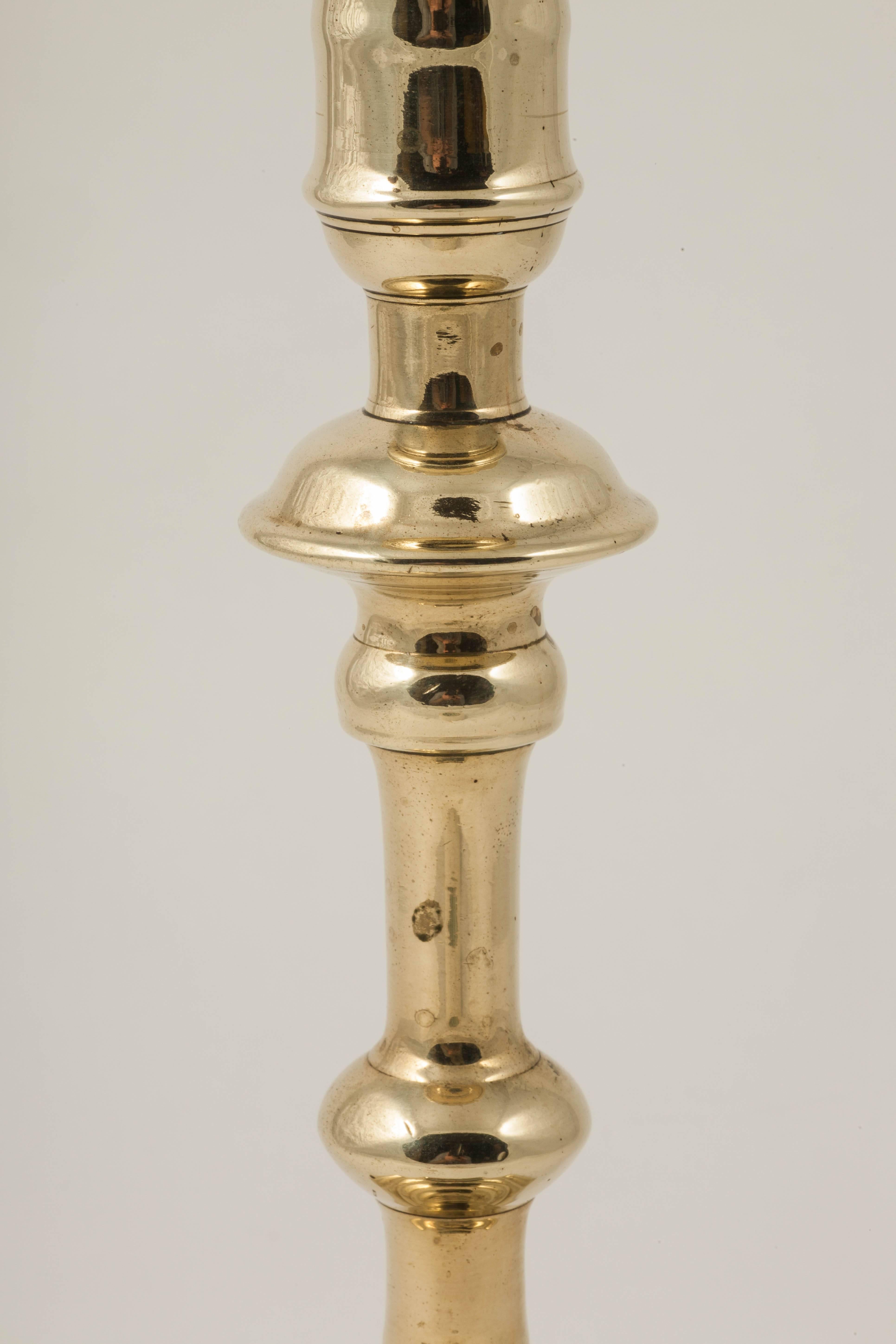 Rare Pair of Brass Georgian Candlesticks Stamped by the Maker 