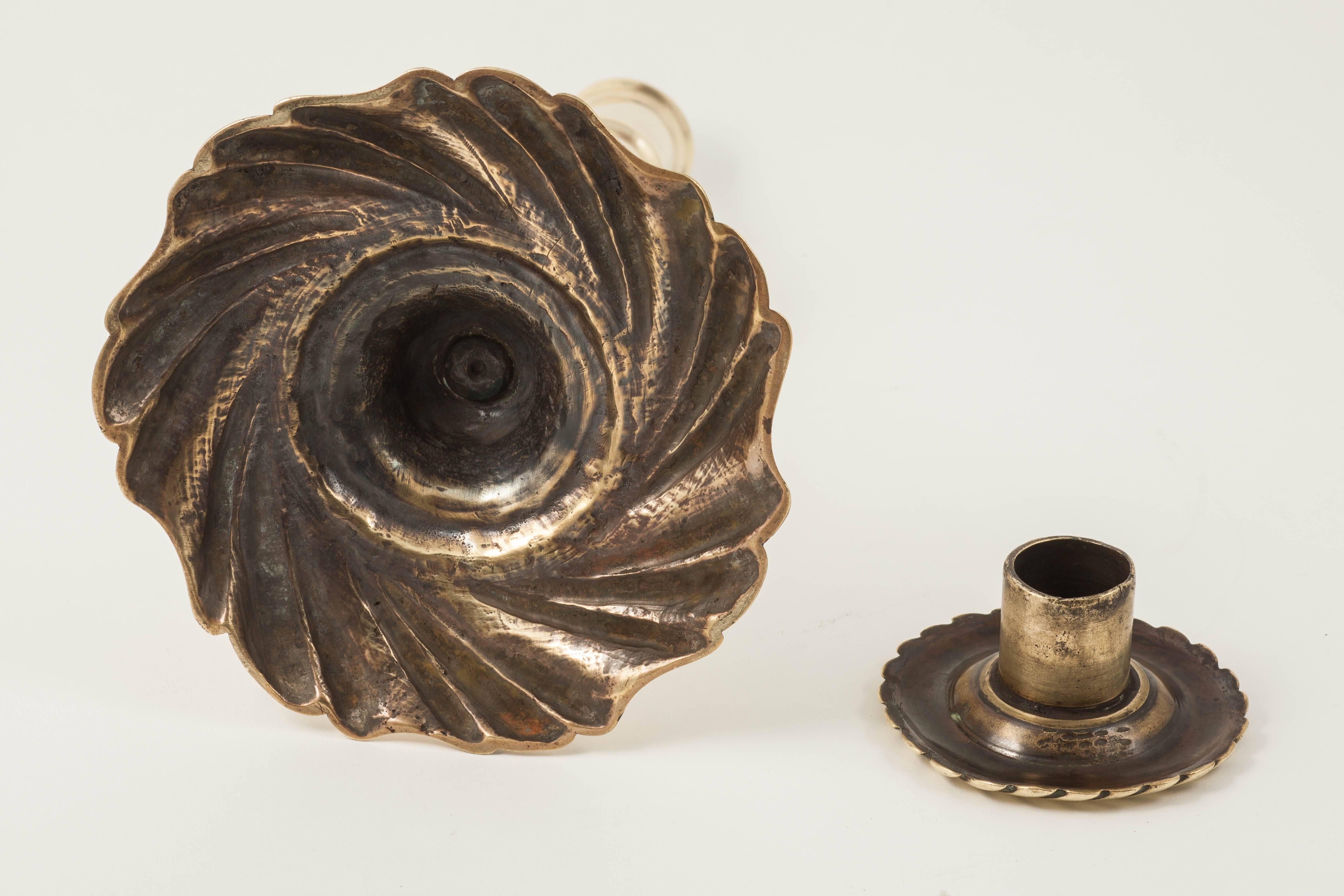 Cast Large Brass Swirl-Based Candlestick, England, circa 1760 For Sale