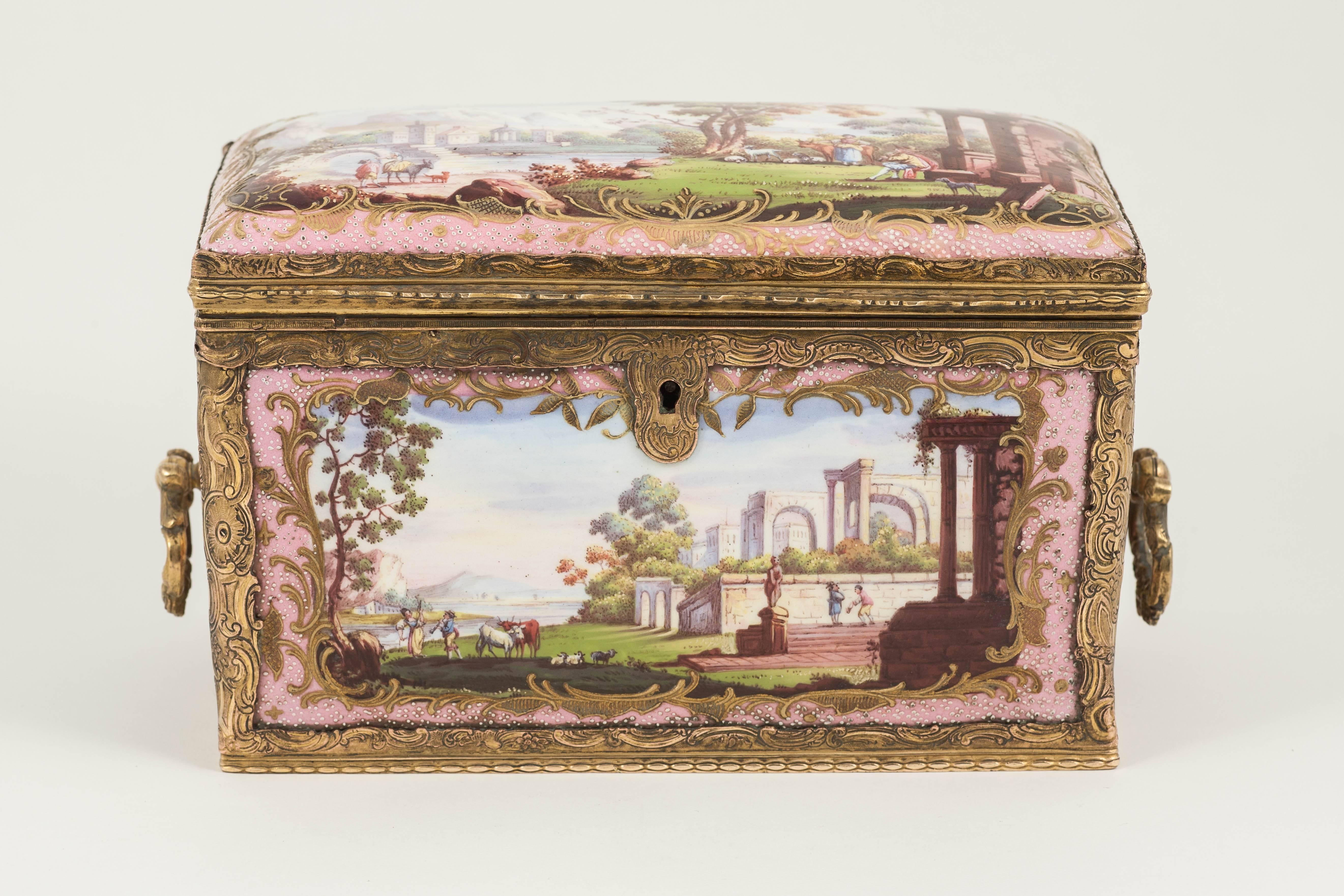 Rococo Extremely Rare Bilston Enamel Box, Mounted in Gilt Brass, England, circa 1780 For Sale