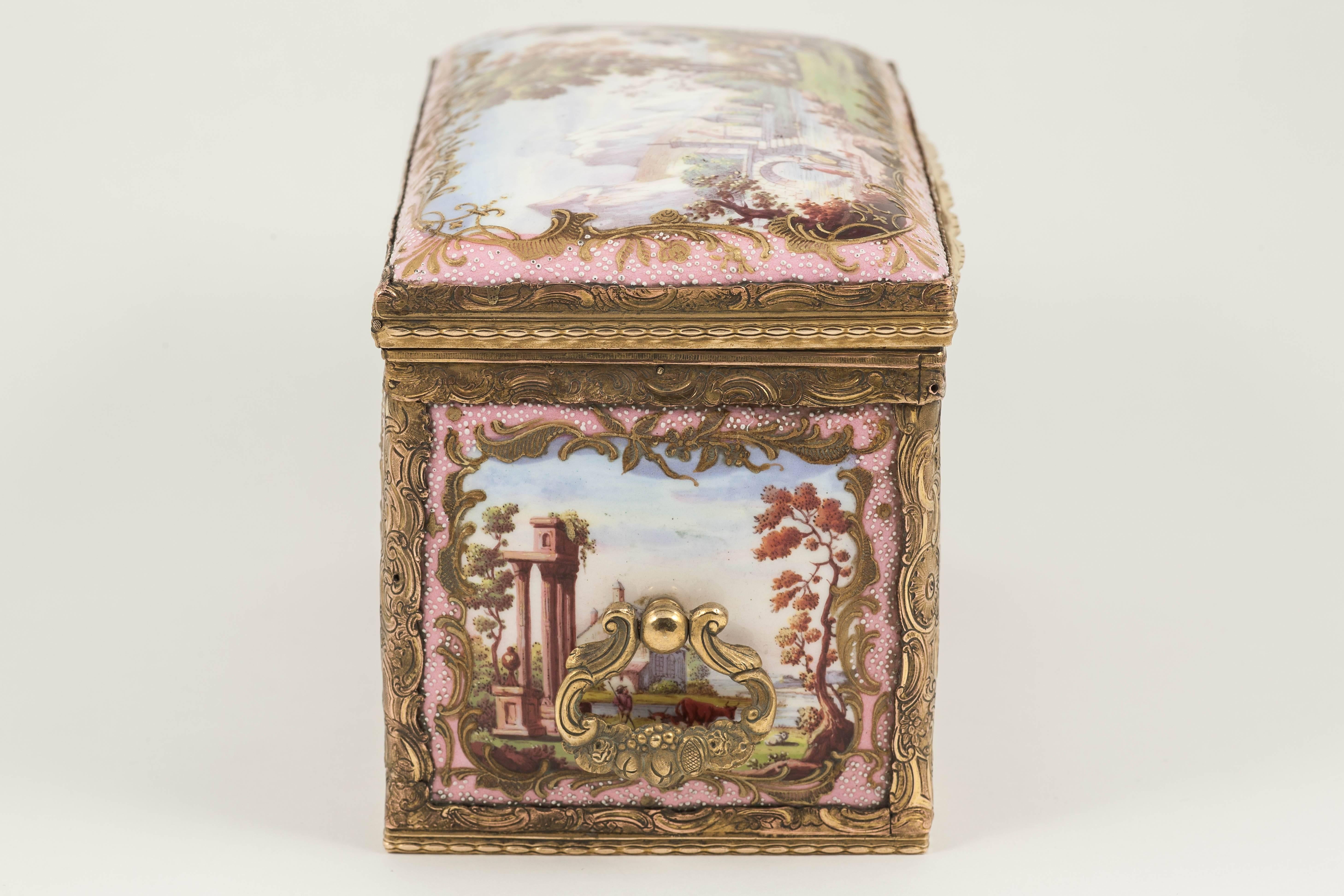 English Extremely Rare Bilston Enamel Box, Mounted in Gilt Brass, England, circa 1780 For Sale