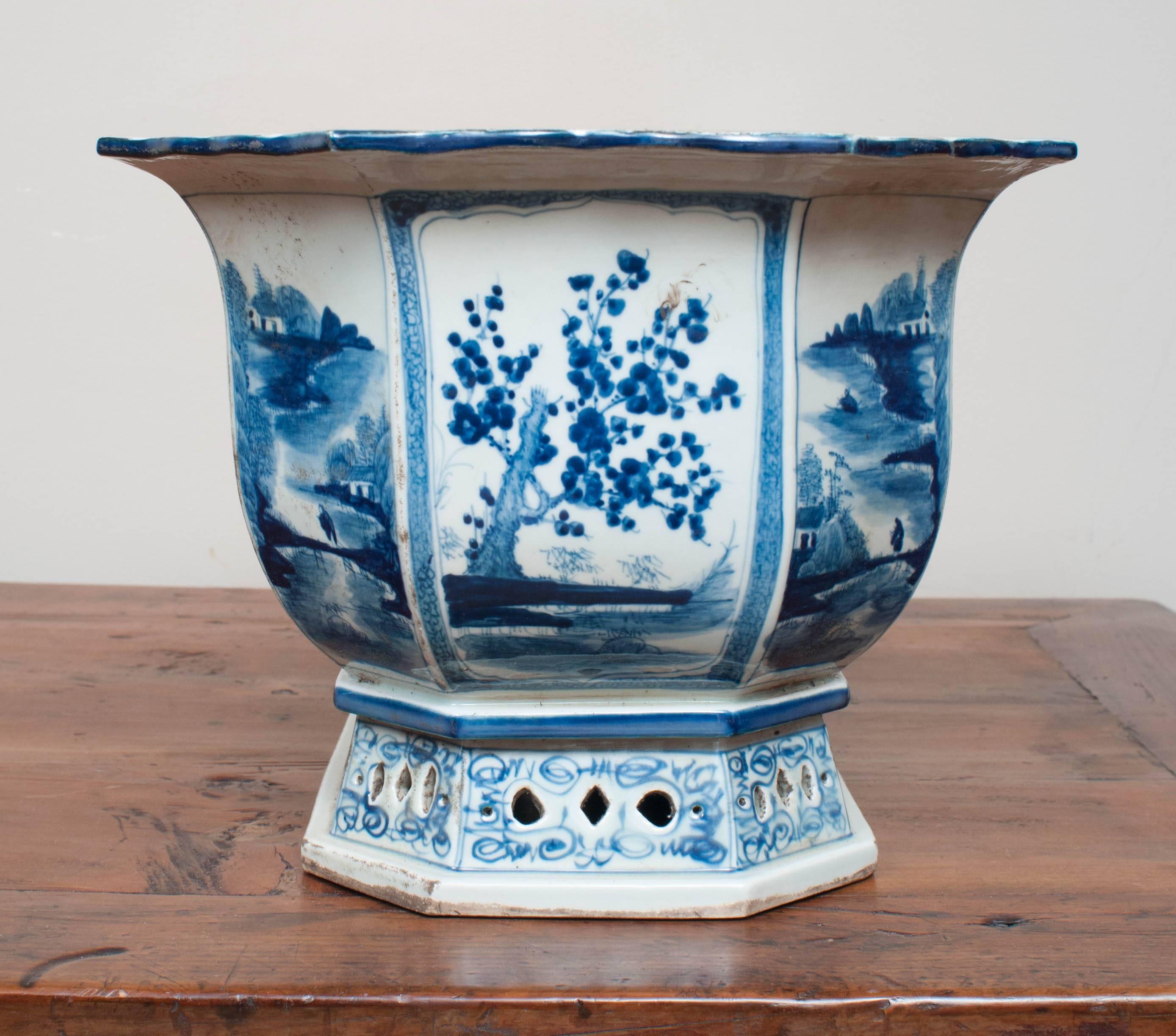 Glazed Pair of Blue and White Porcelain Jardinieres