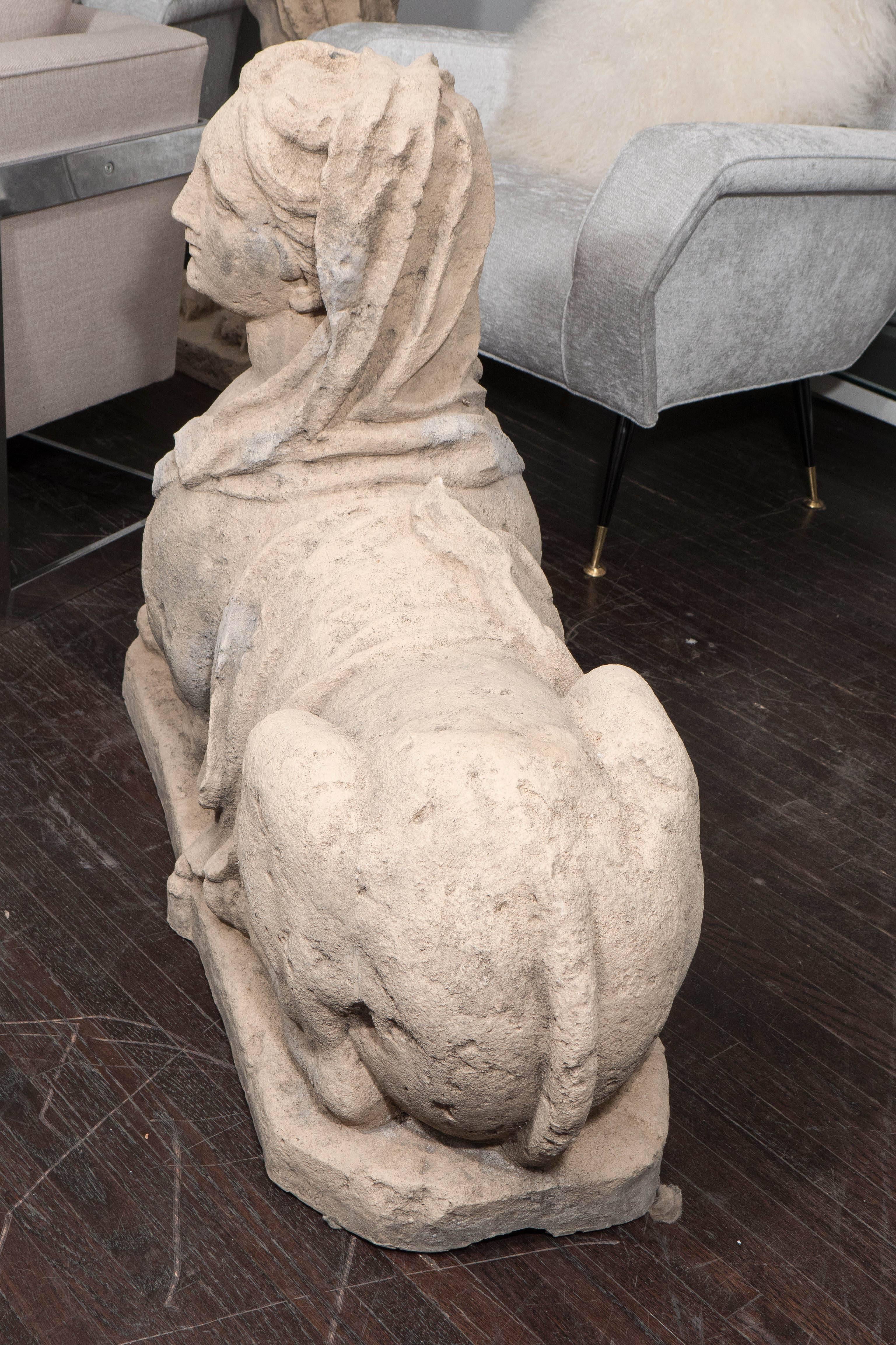 Pair of 1920's European Female Sphinx Statues In Distressed Condition In New York, NY