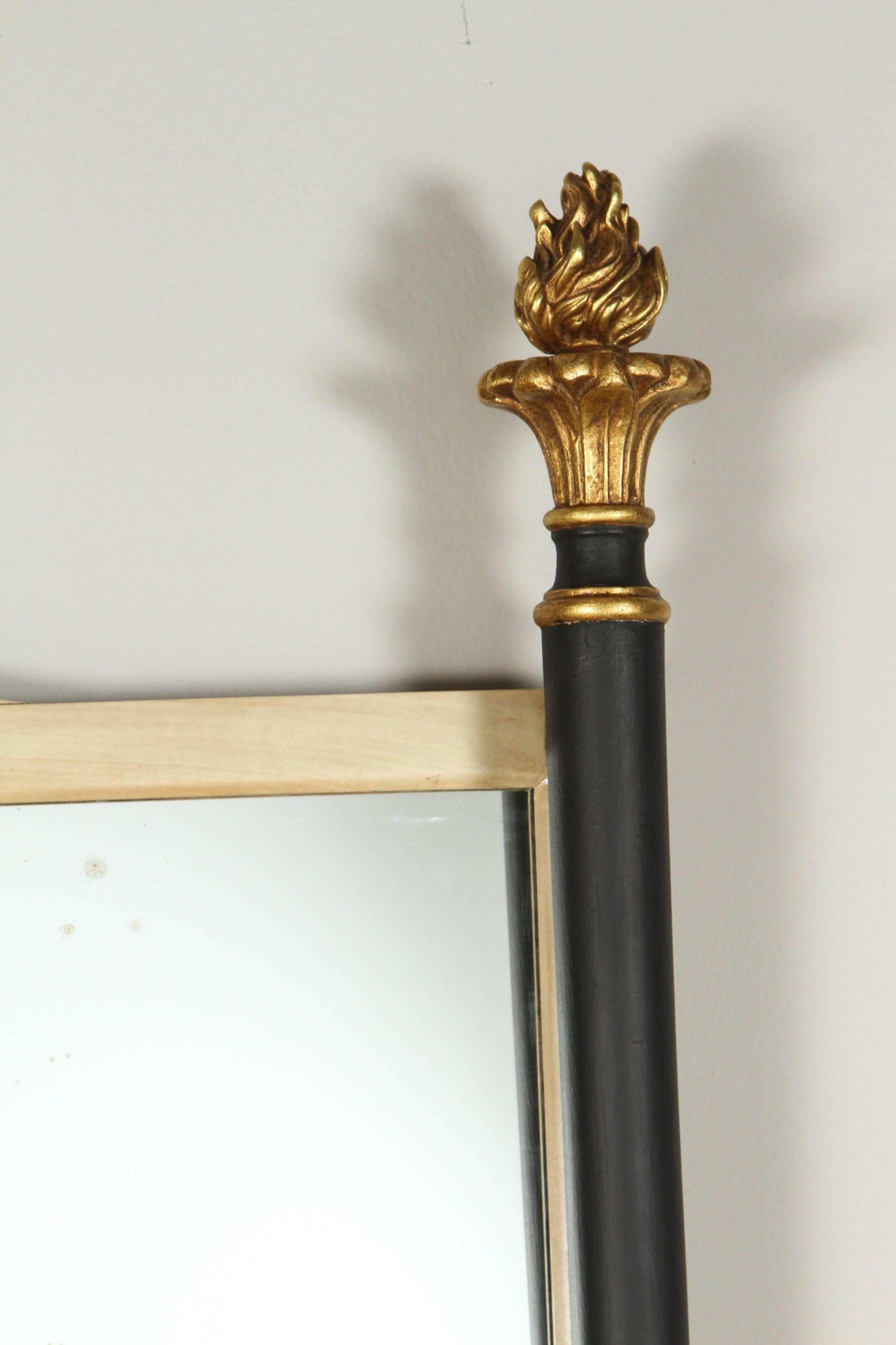 Neoclassical style Italian mirror with original vintage antiqued mirror. Restored, new finishes including the frame including new 22-karat gold finish and re-gilded solid bronze finials.