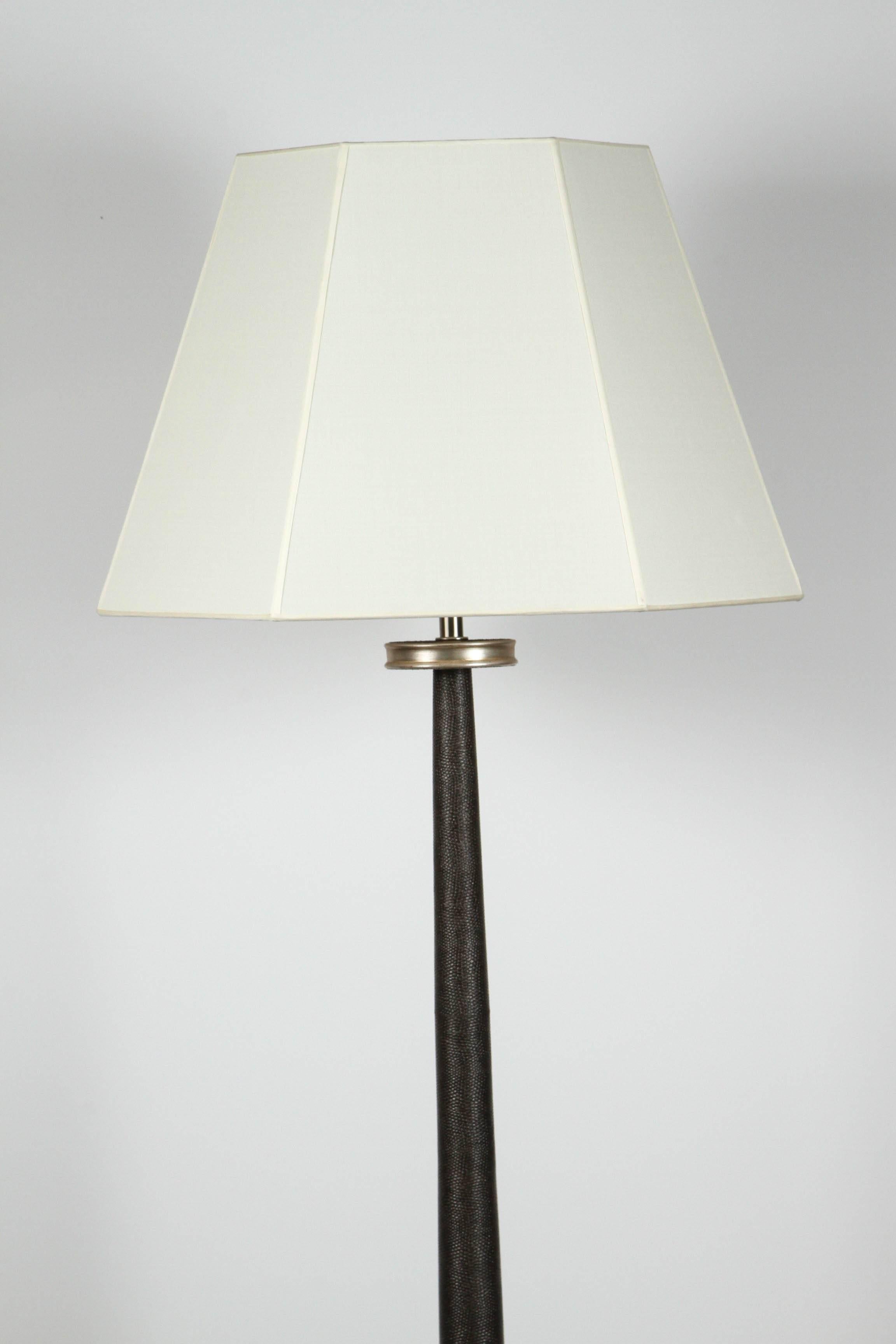 Paul Marra faux shagreen 1940s inspired floor lamp shown in mocha. By order. 12-karat white gold finished wood base, nickel hardware. Inquire regarding shades including hexagon shaped shade, shades available to order additional.