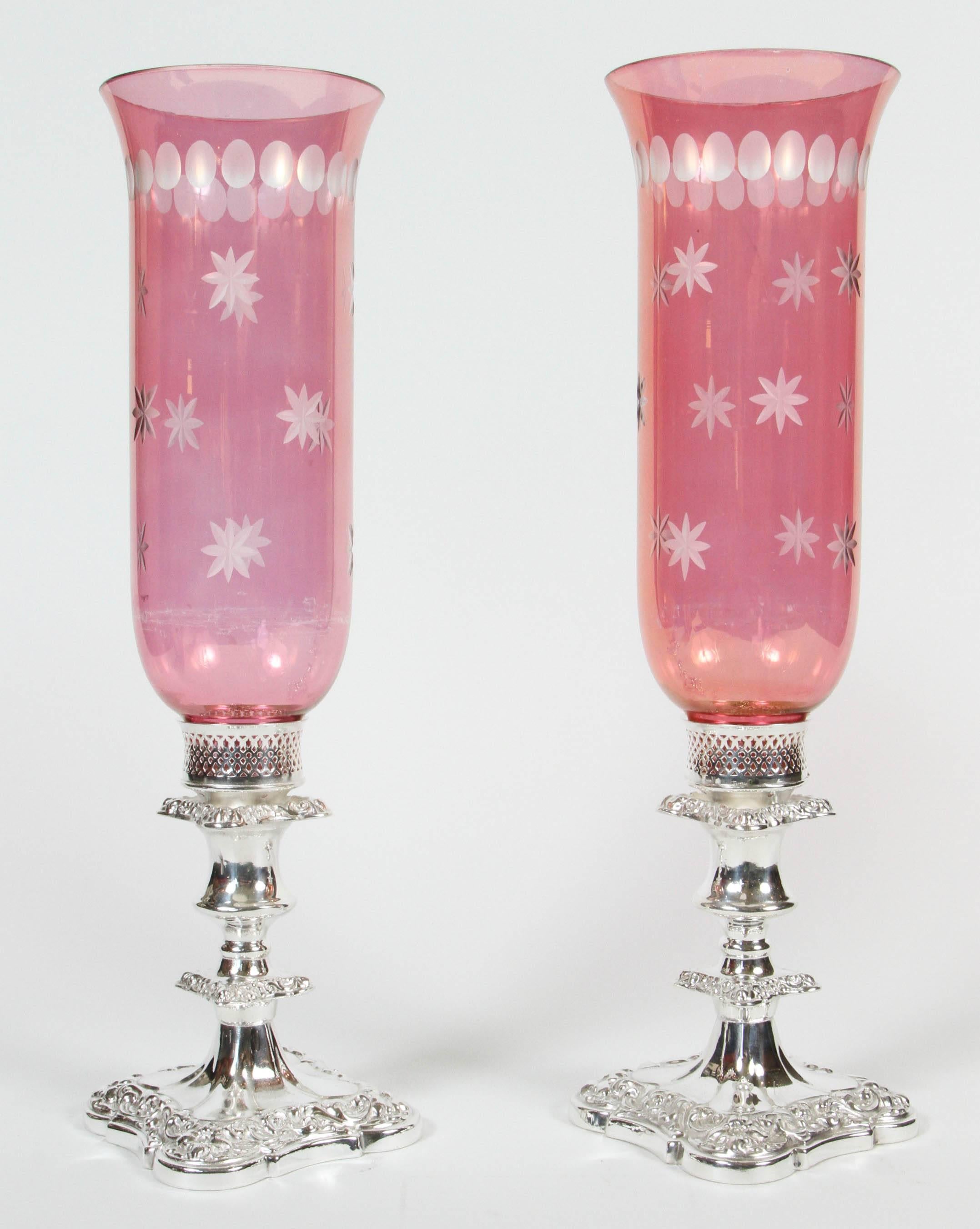 1930s pair of vintage etched glass hurricanes with newly silver plated bases.