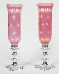 1930s Pair of Red Glass Vintage Hurricanes