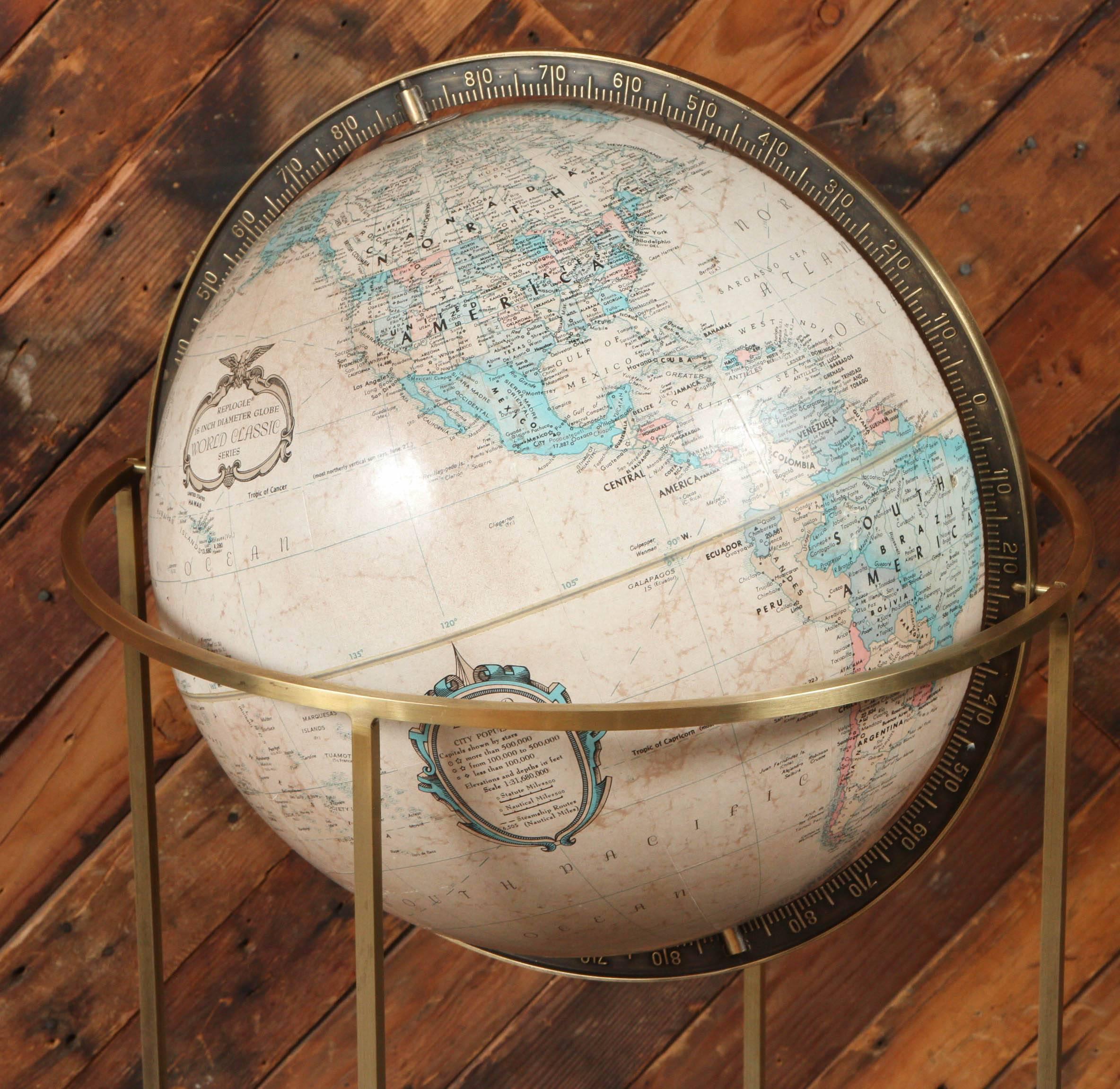 Mid-Century Modern World Globe on Brass Stand in the Manner of Paul McCobb