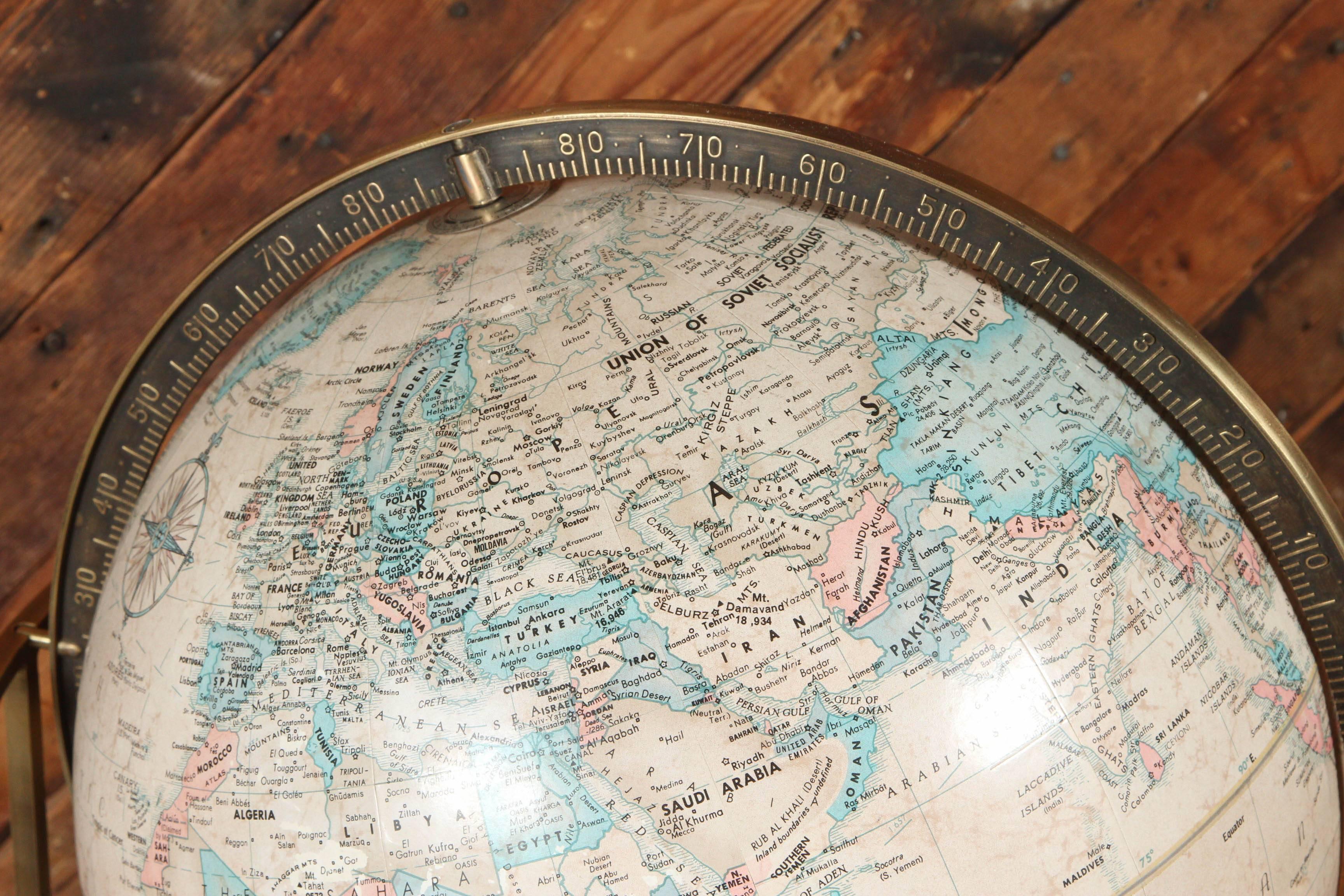 North American World Globe on Brass Stand in the Manner of Paul McCobb