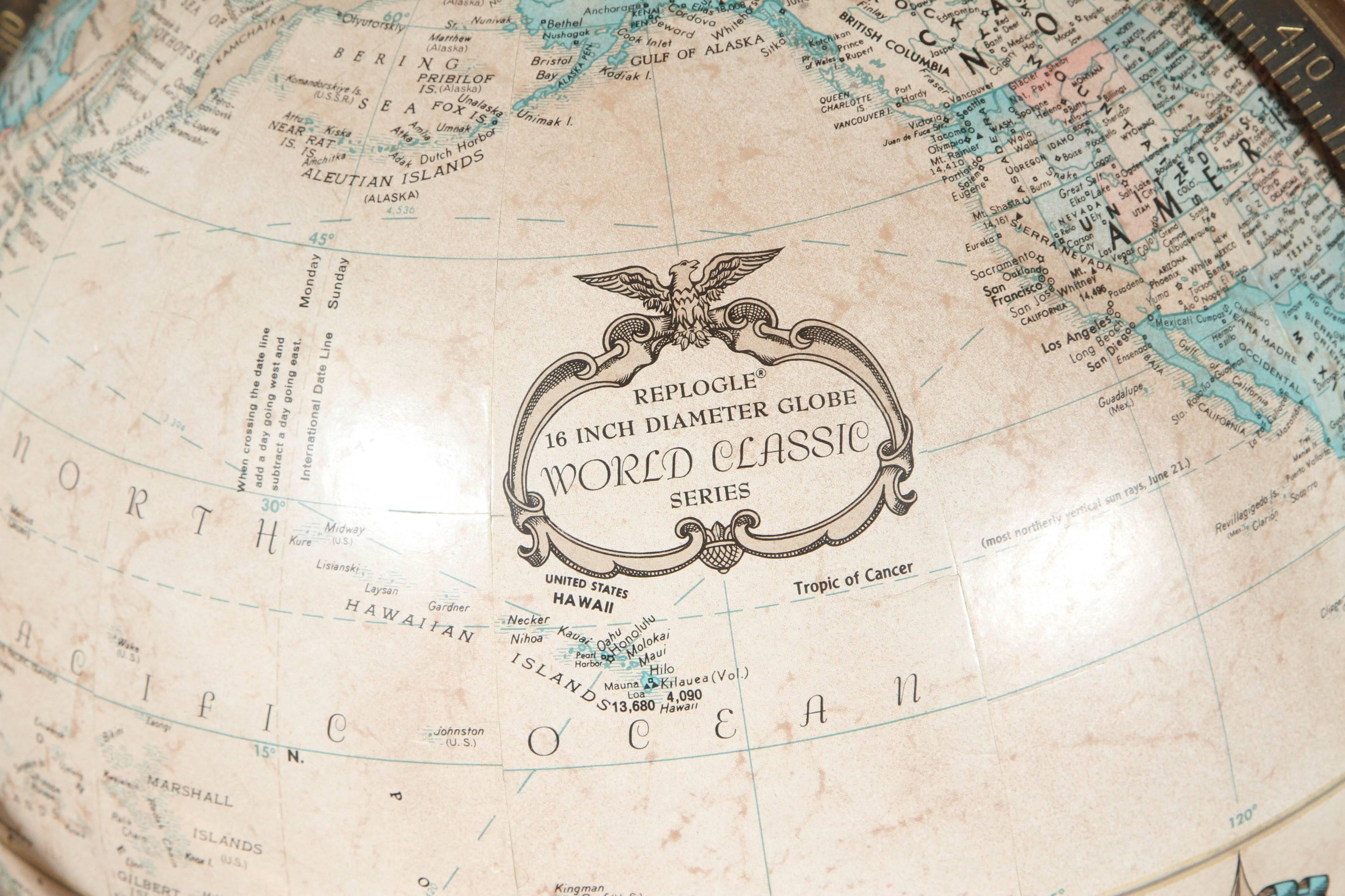 World Globe on Brass Stand in the Manner of Paul McCobb 1