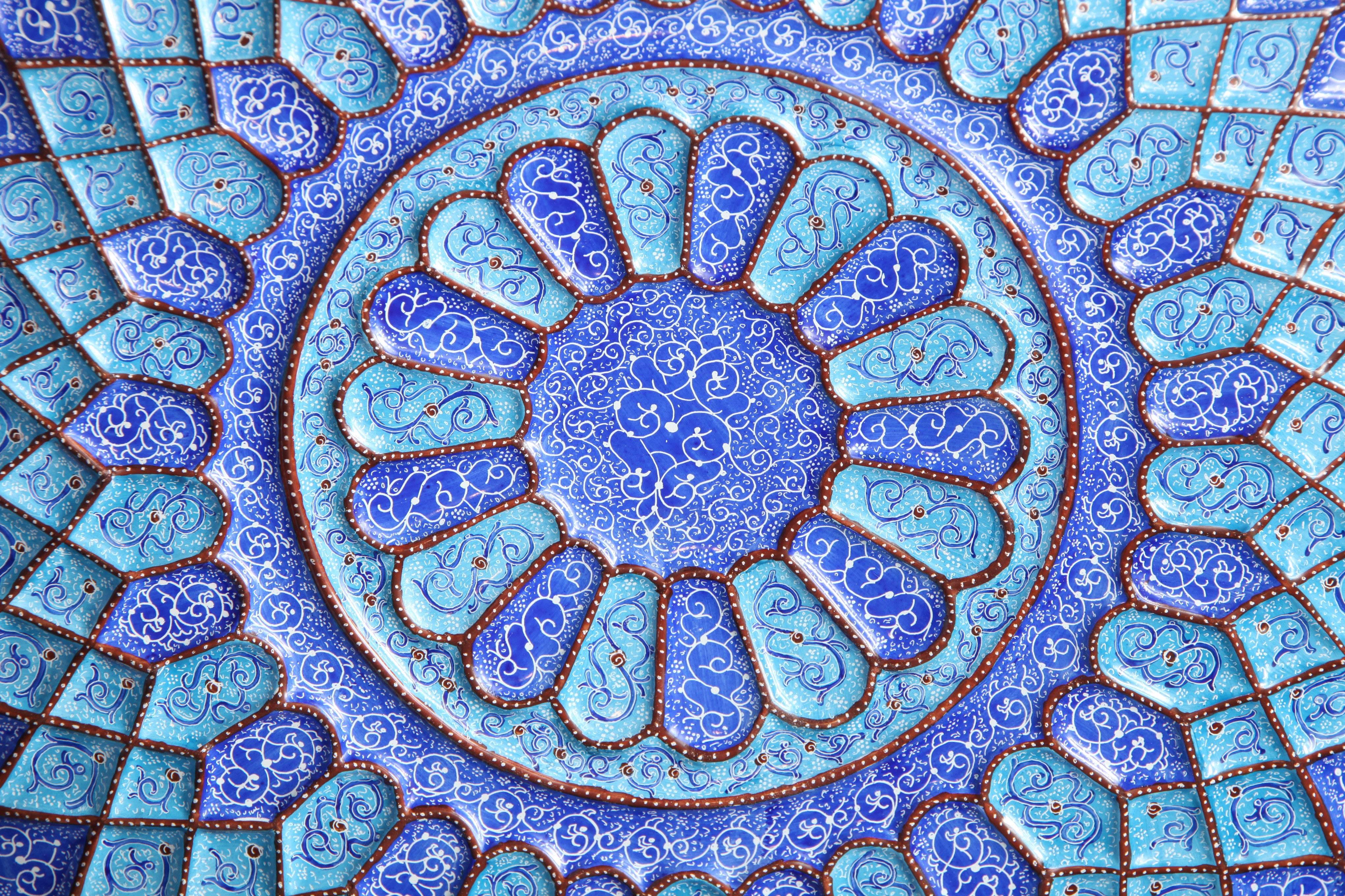 Persian Blue Iranian Minakari Plates, Vitreous Enamel on Copper