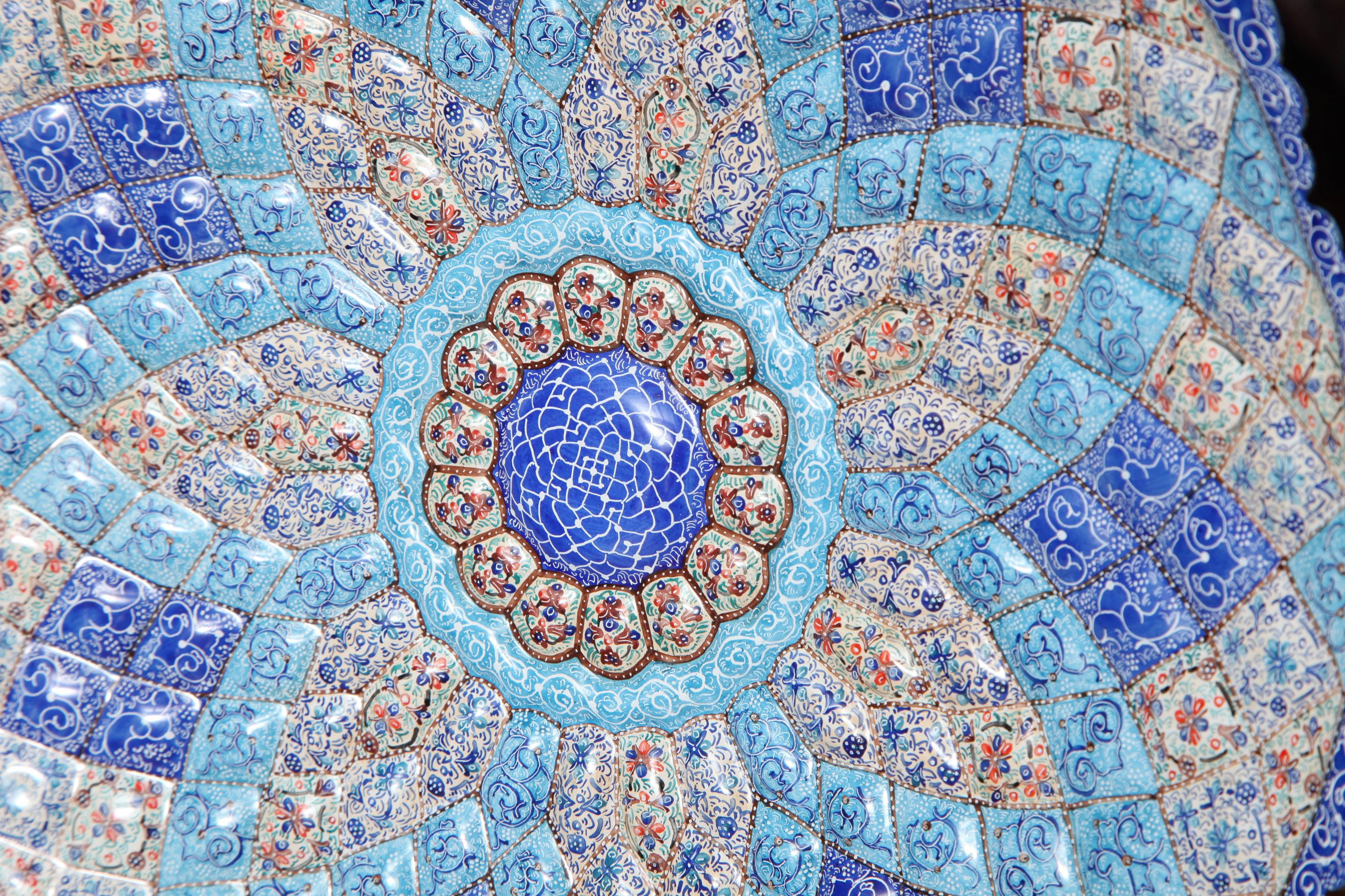 Enameled Blue Iranian Minakari Plates, Vitreous Enamel on Copper