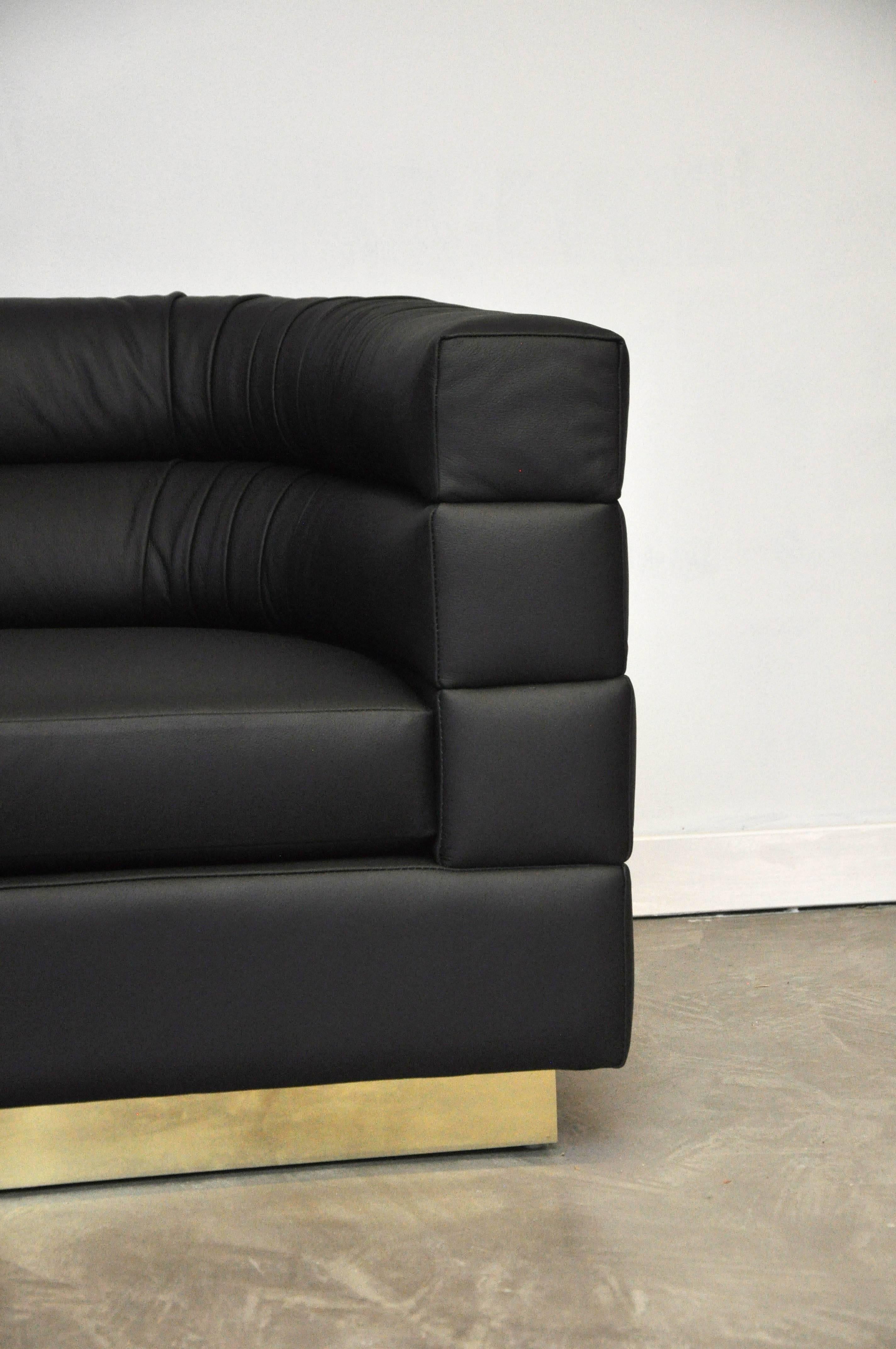 Mid-Century Modern Black Leather and Brass Settees Pair by Design Studio
