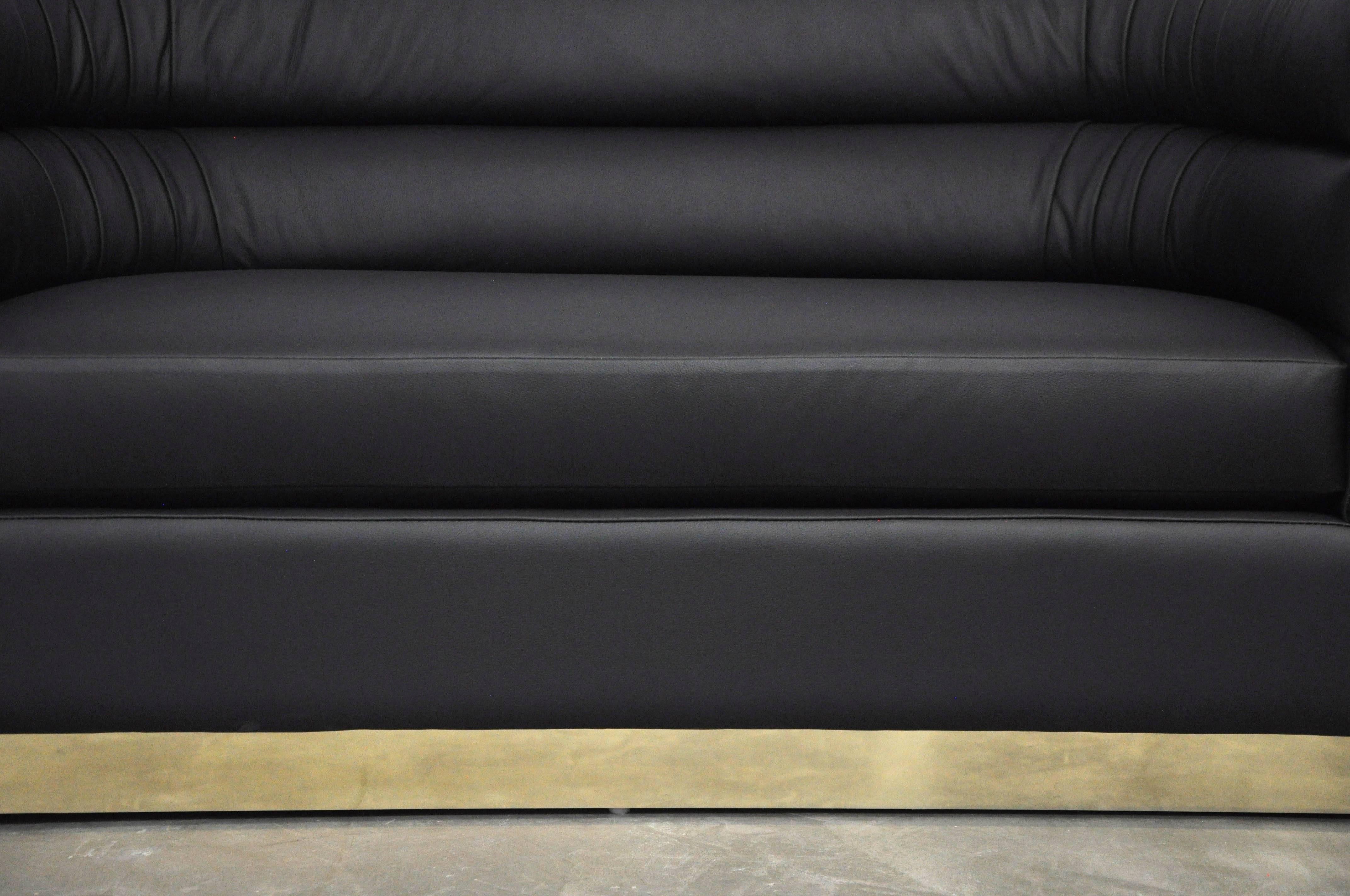American Black Leather and Brass Settees Pair by Design Studio