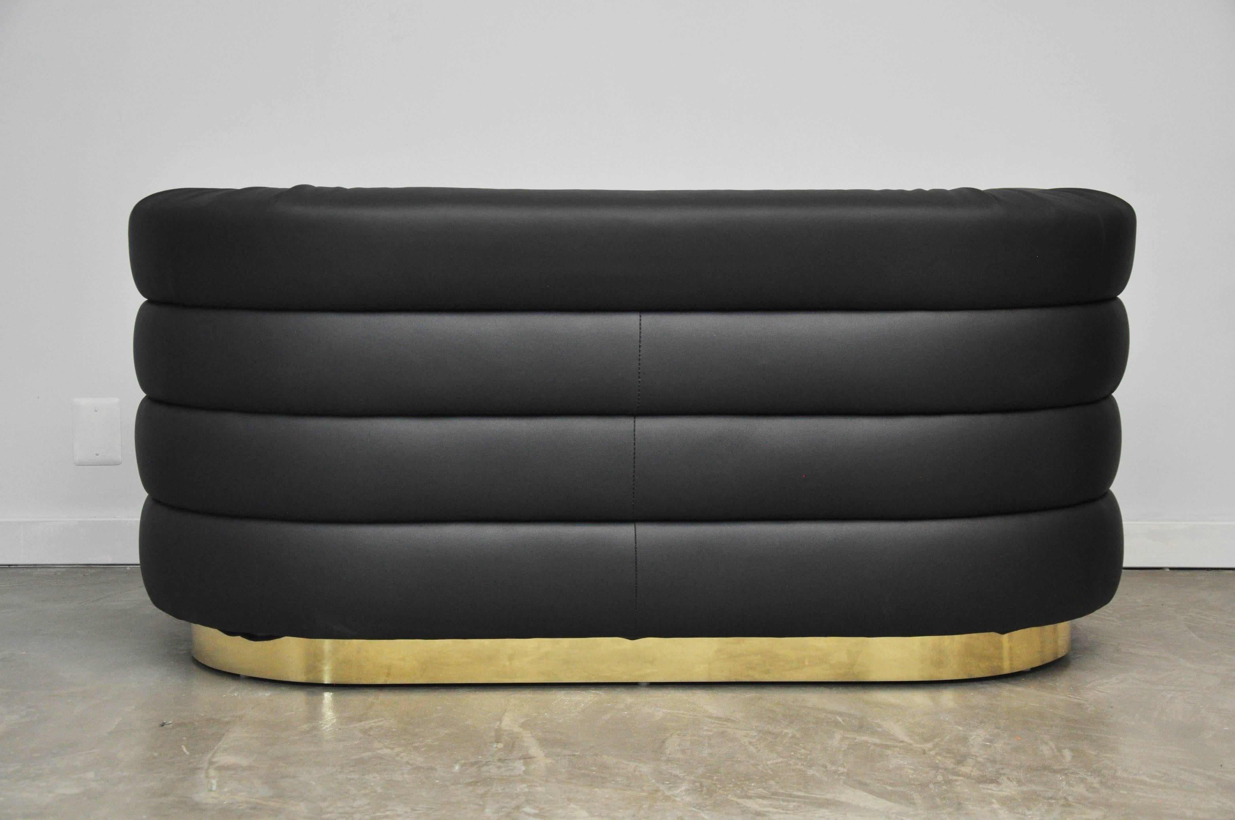 Black Leather and Brass Settees Pair by Design Studio 1