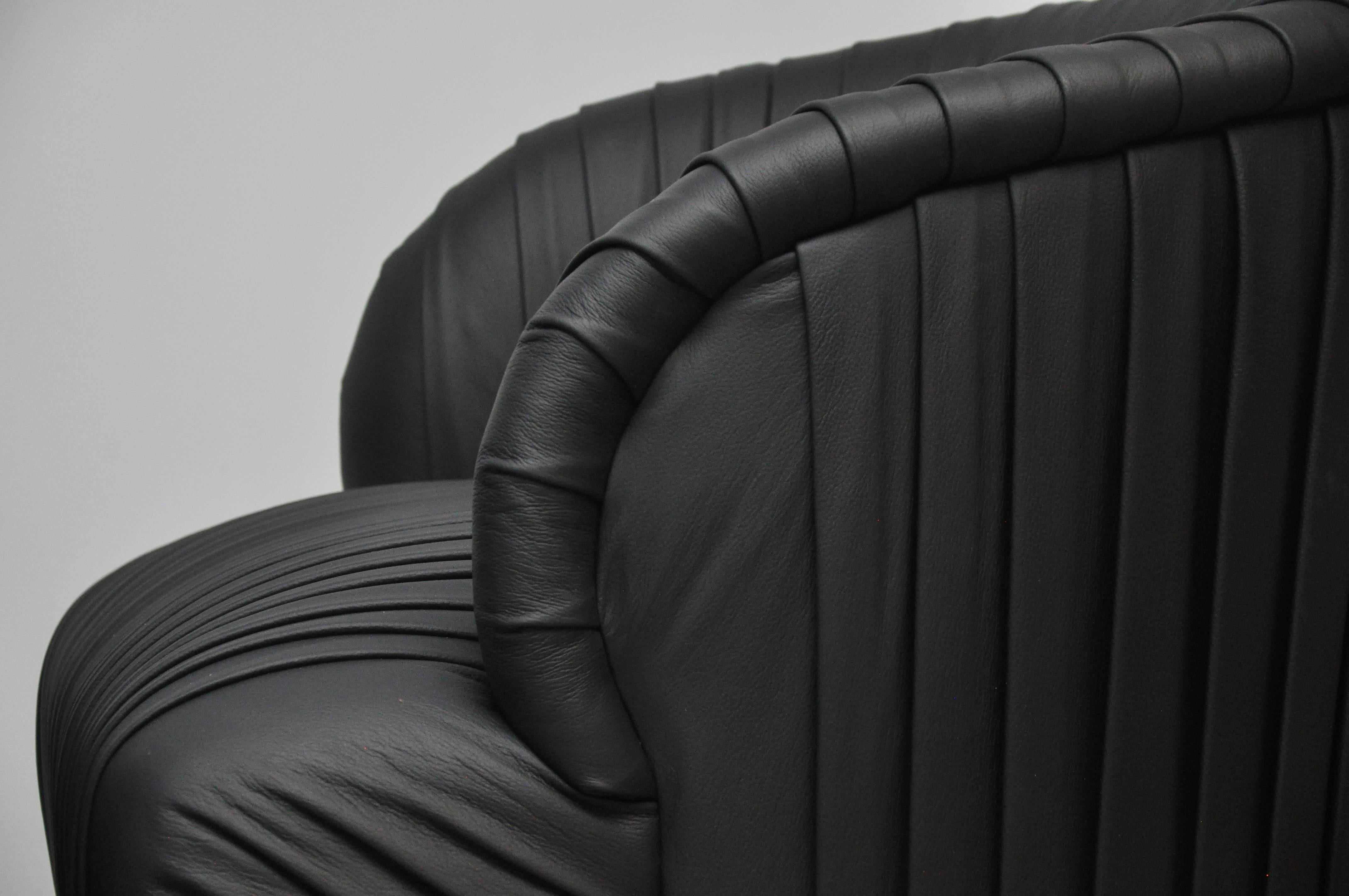 Mid-Century Modern Pleated Leather and Brass Swivel Chairs