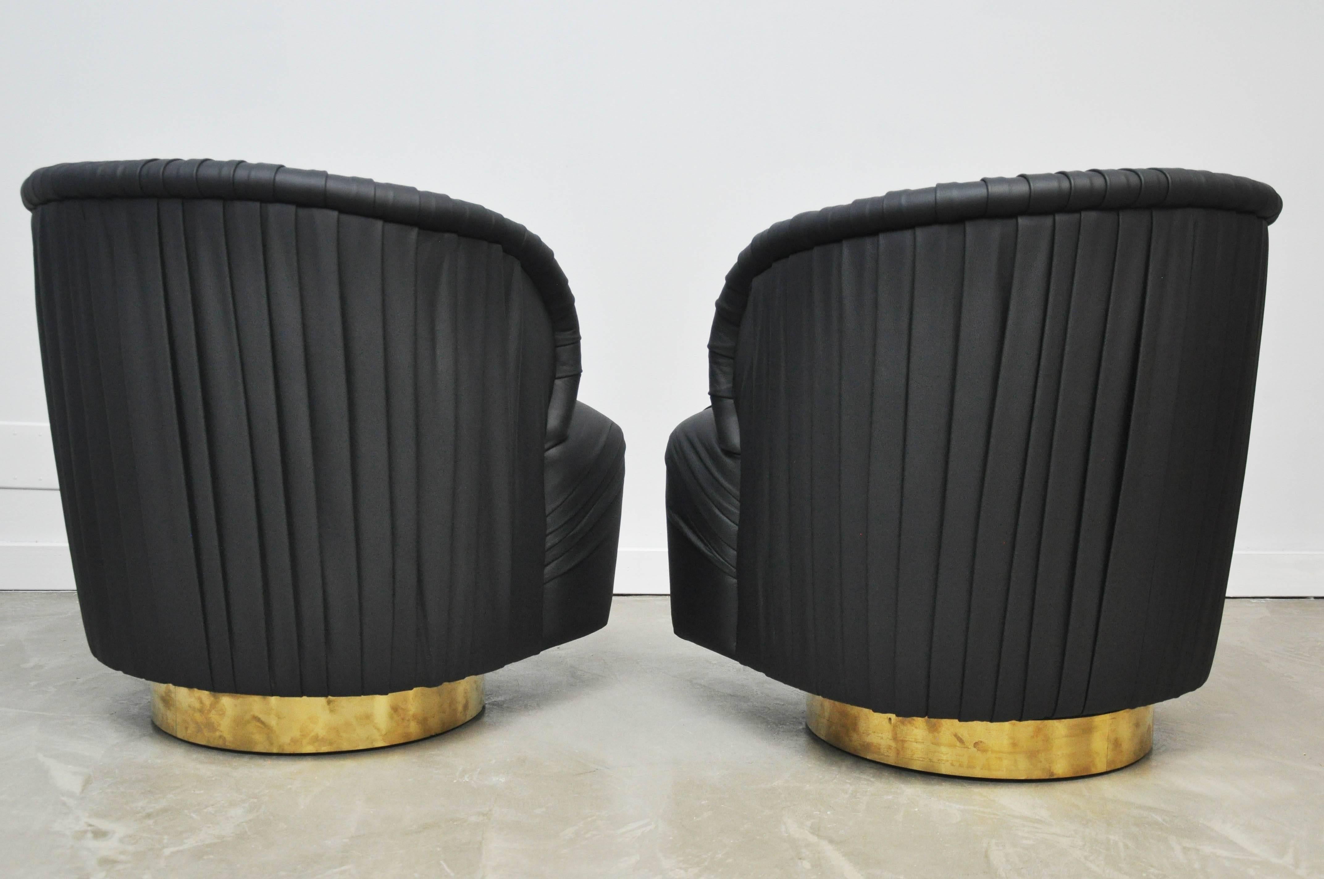 Pleated Leather and Brass Swivel Chairs In Excellent Condition In Chicago, IL
