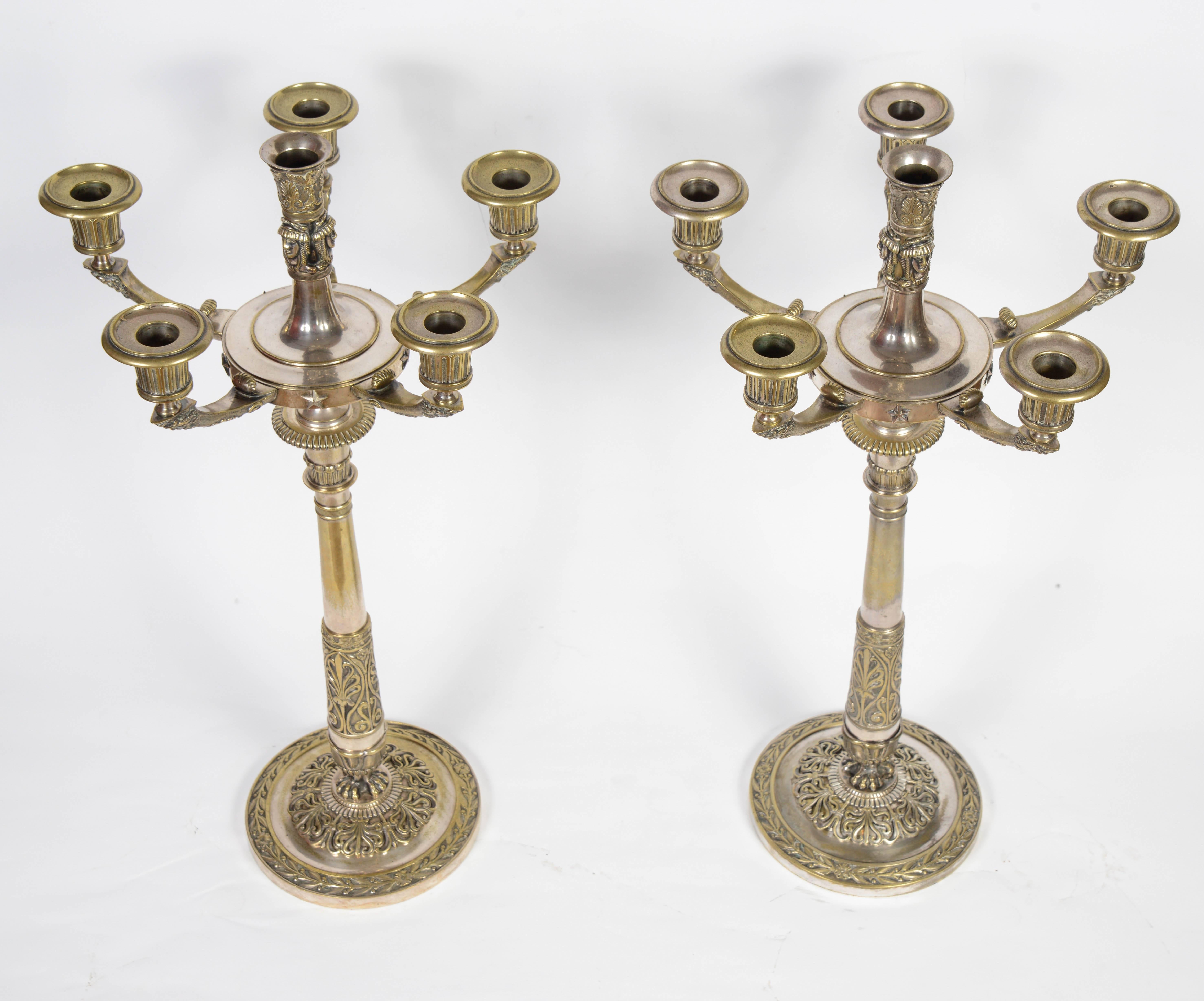Pair of candelabras with original silvered bronze (wear), Empire period by bronze sculptor Claude Galle. Antique decor.