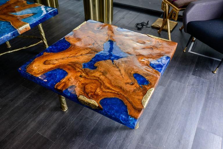 Cocktail Table with Blue Resin and Wood by Henri Fernandez ...