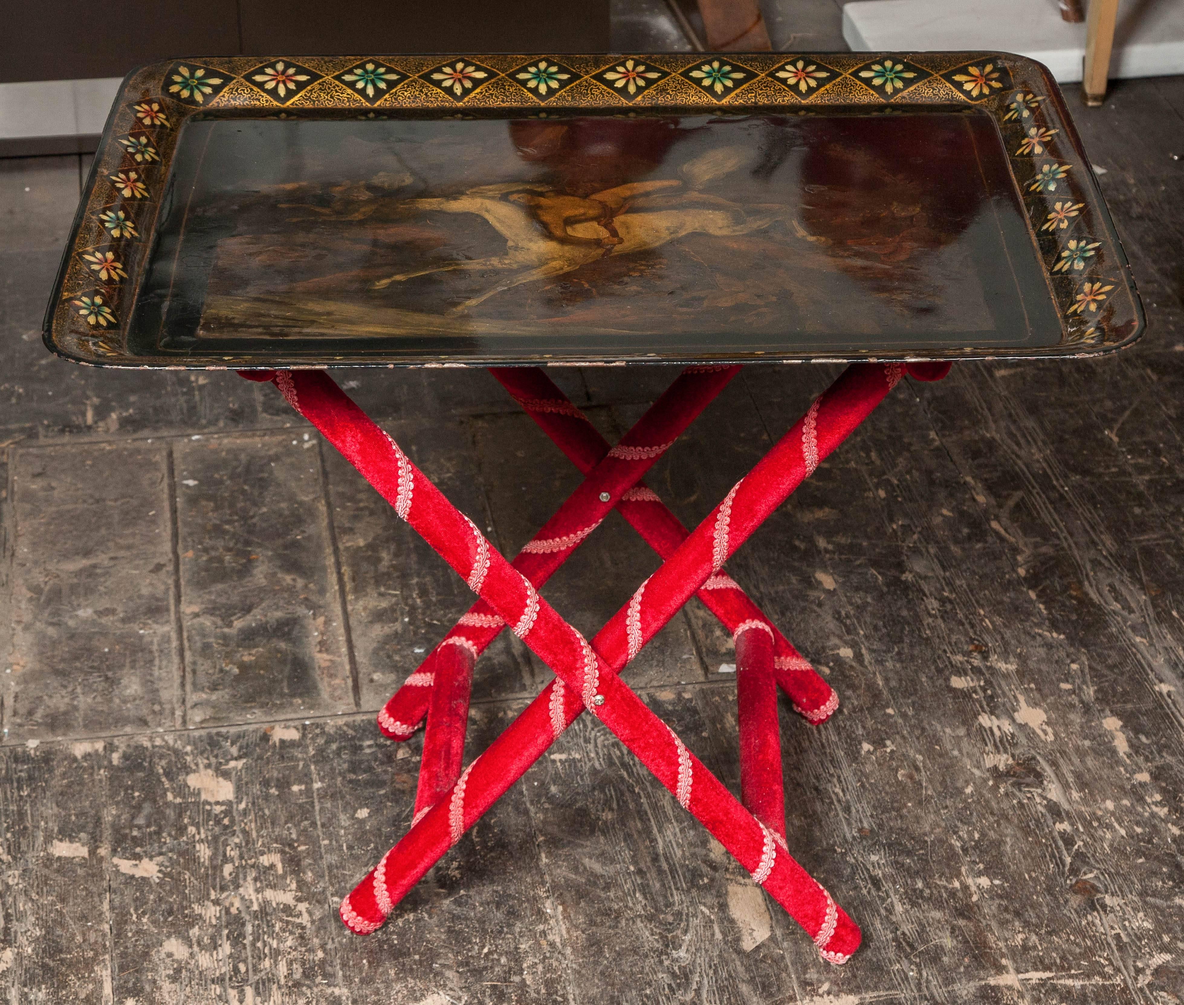 Folding metal tray with upholstered stand in red velvet.
Title: Mazzepa and the wolves. After Horace Emile Jean Vernet (1789-1863),
French, circa 1850s.