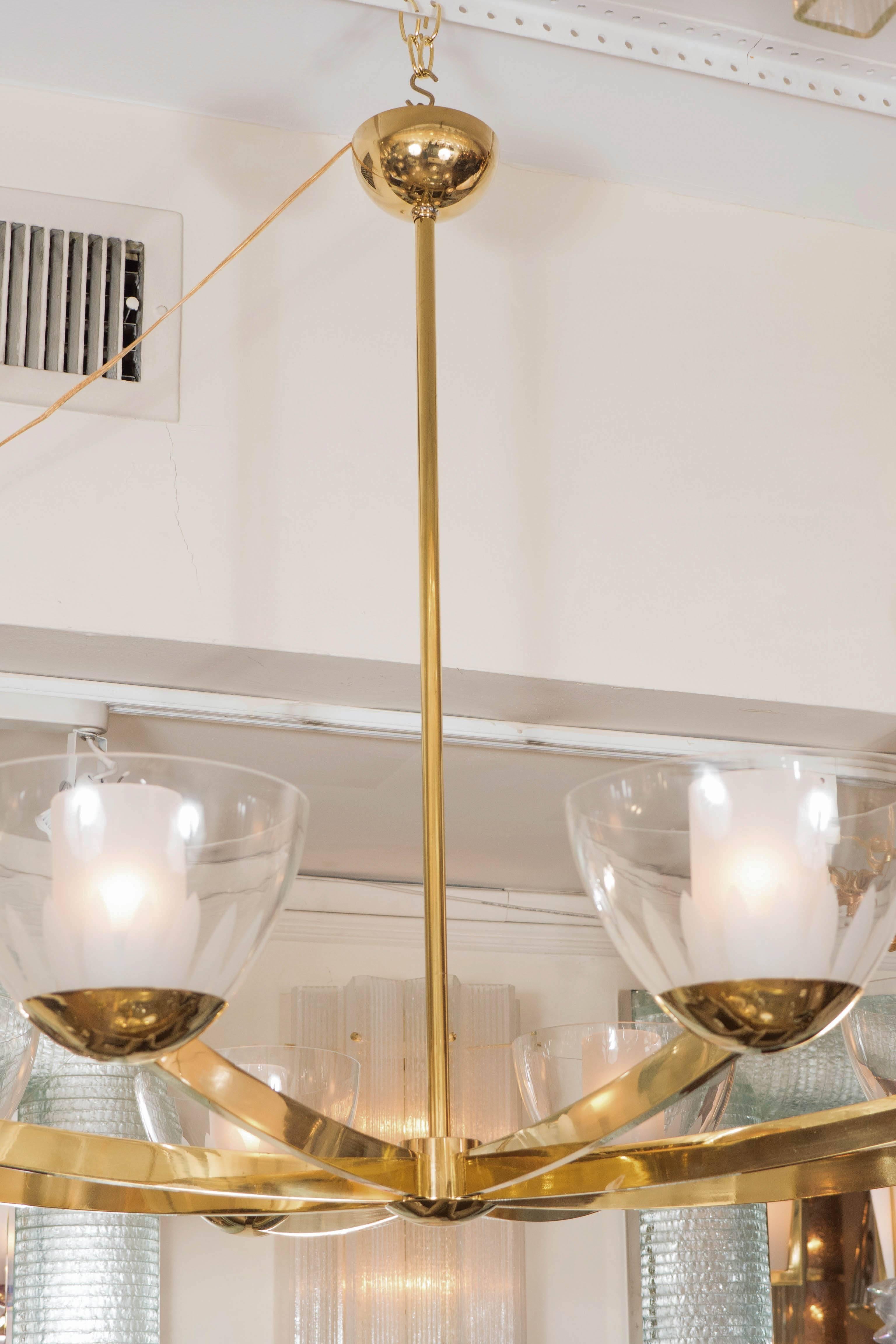 Mid-Century Modern Eight-Arm Brass Chandelier with Clear Glass Bobeches