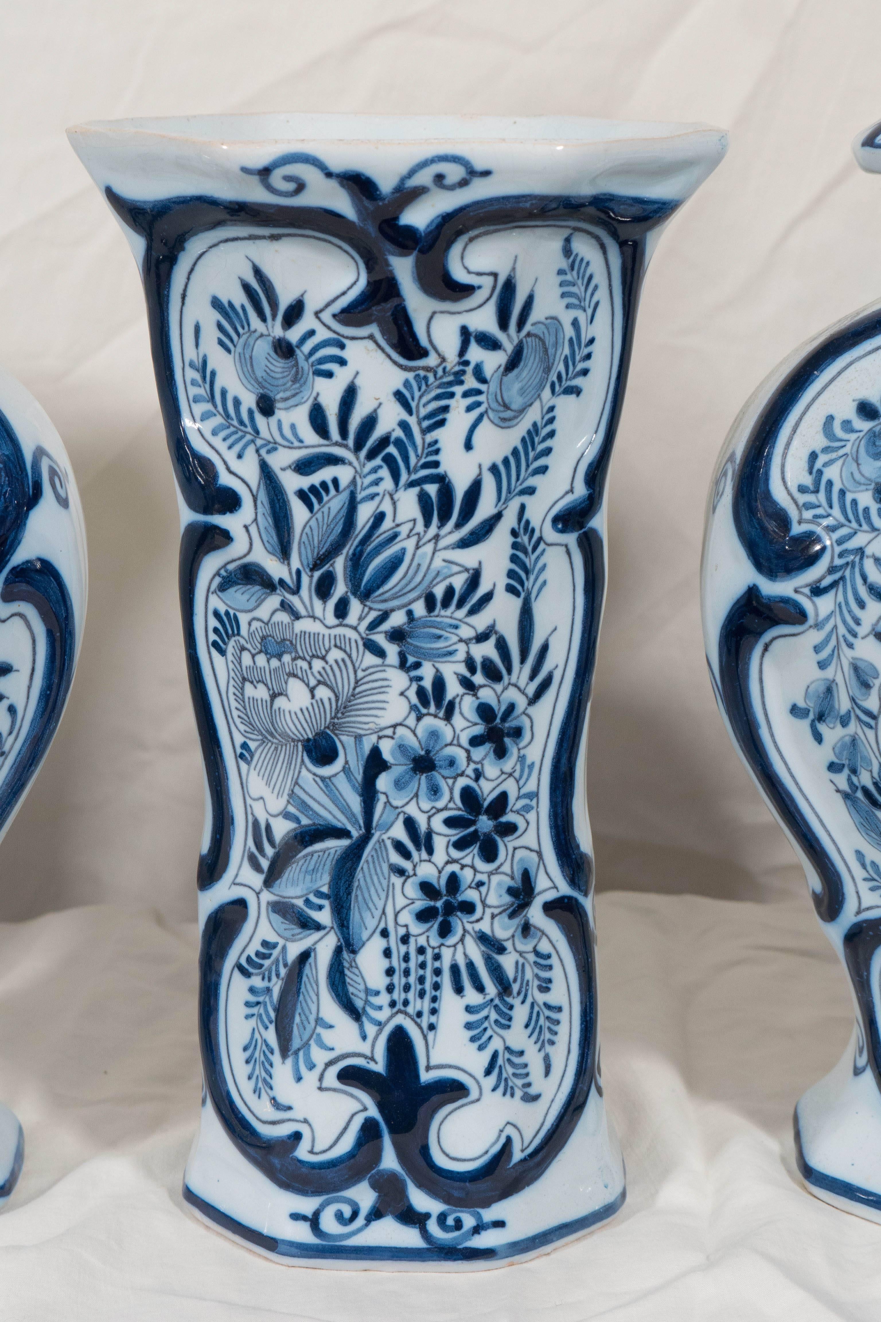 Romantic Five-Piece Blue and White Dutch Delft Garniture
