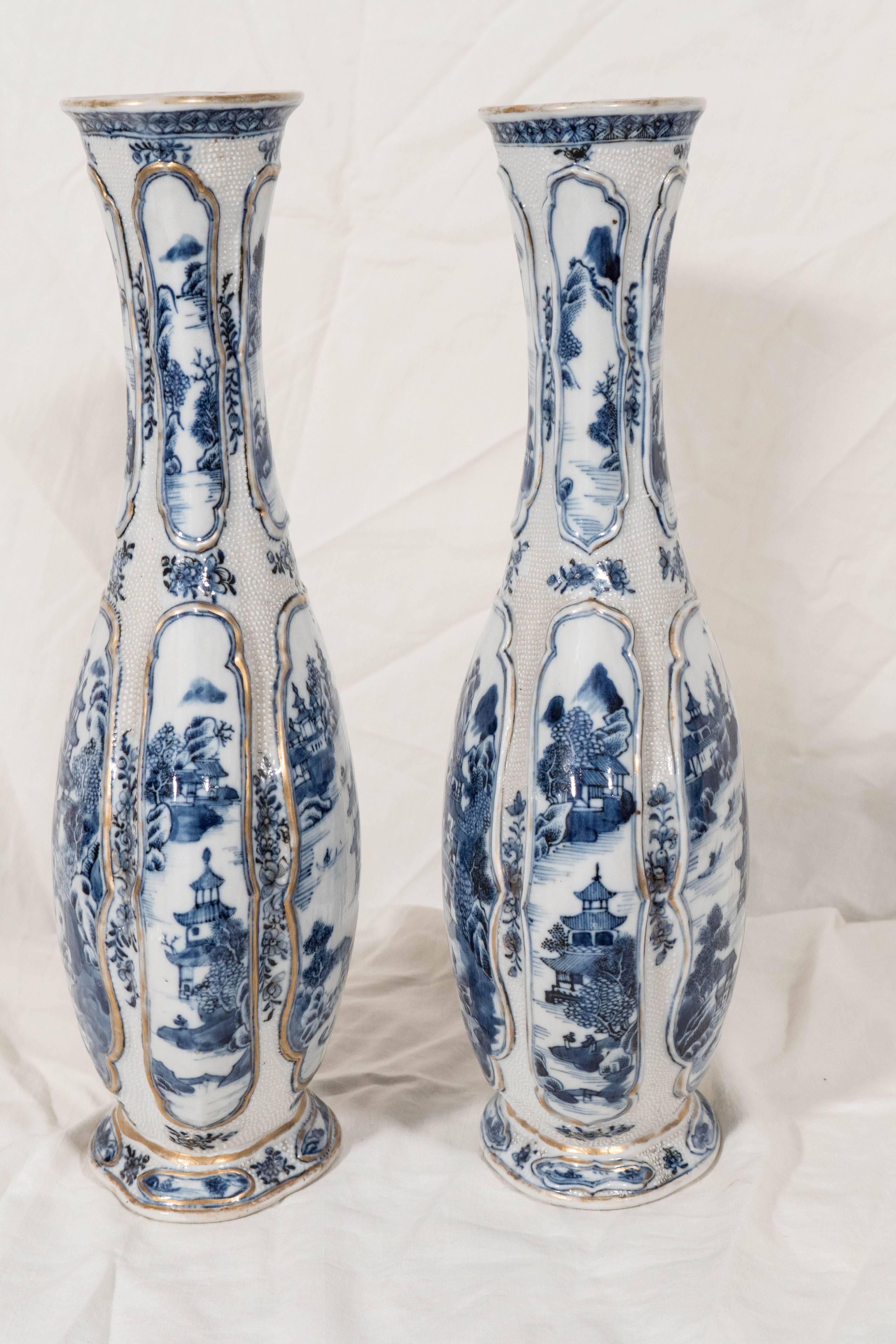Chinese Export Pair of Antique Chinese Blue and White Porcelain Mantle Vases
