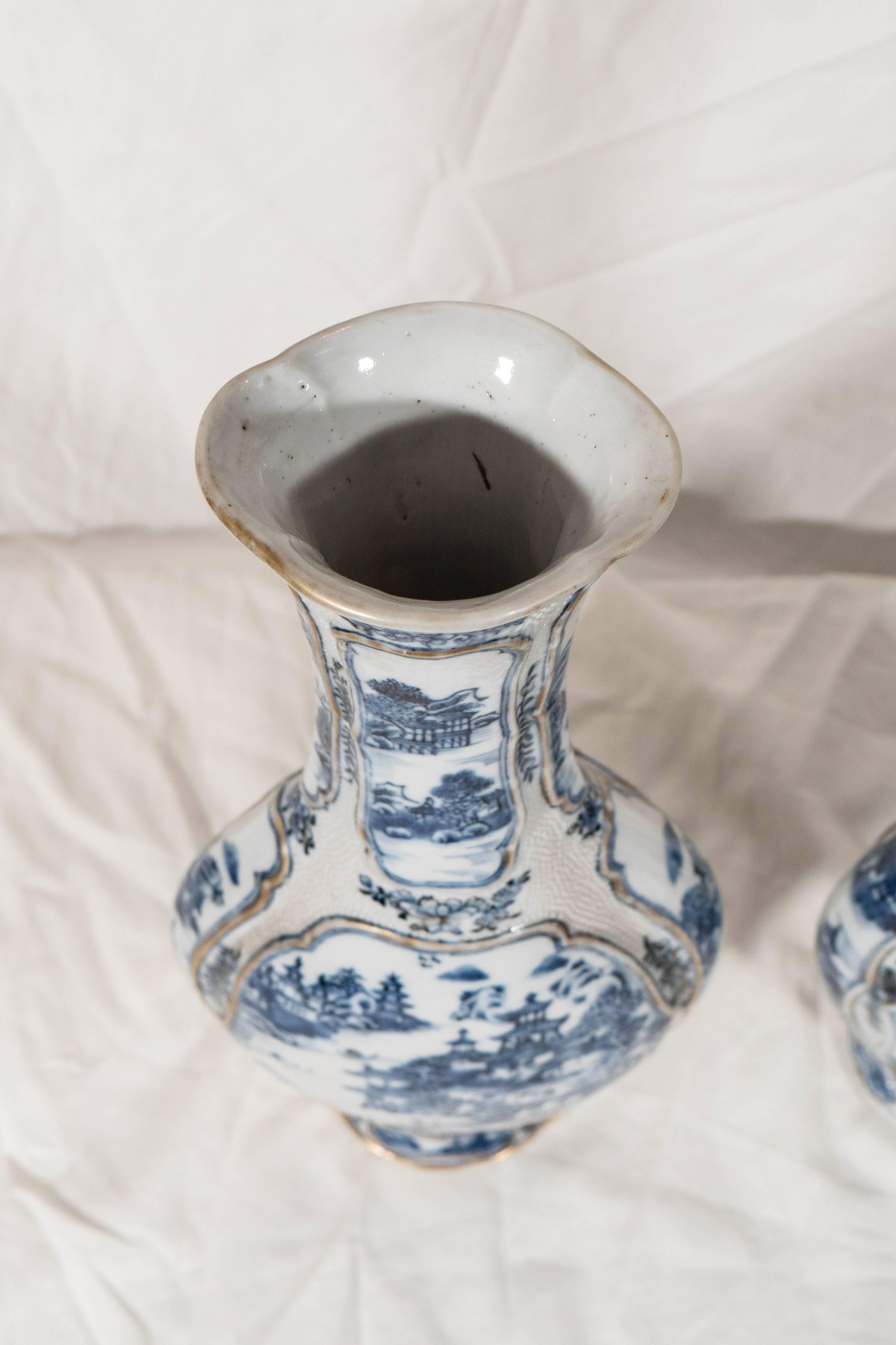Pair of Antique Chinese Blue and White Porcelain Mantle Vases 1