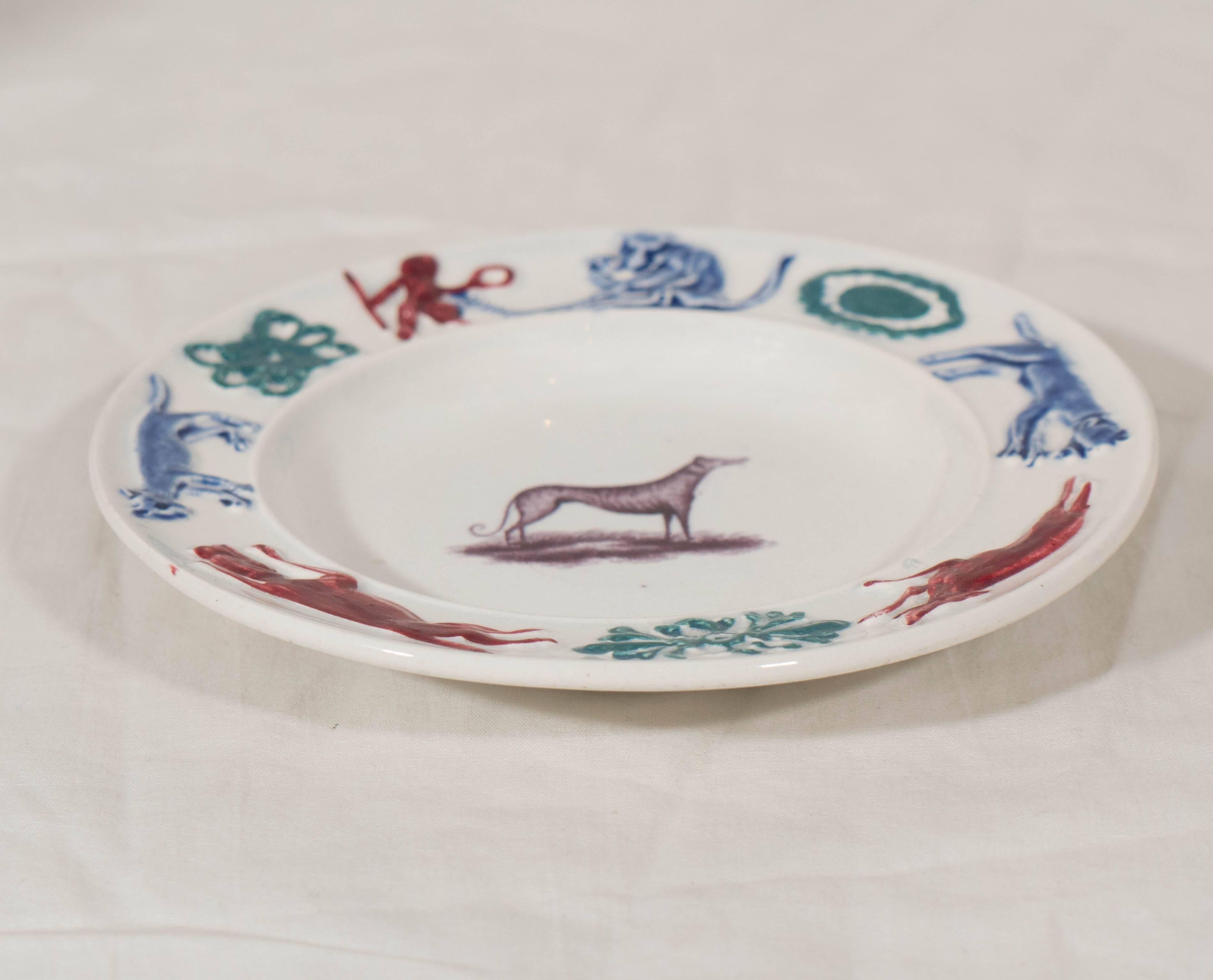 Molded  Antique Staffordshire Pottery Child's Plate Decorated with a Dog Monkey and Fox