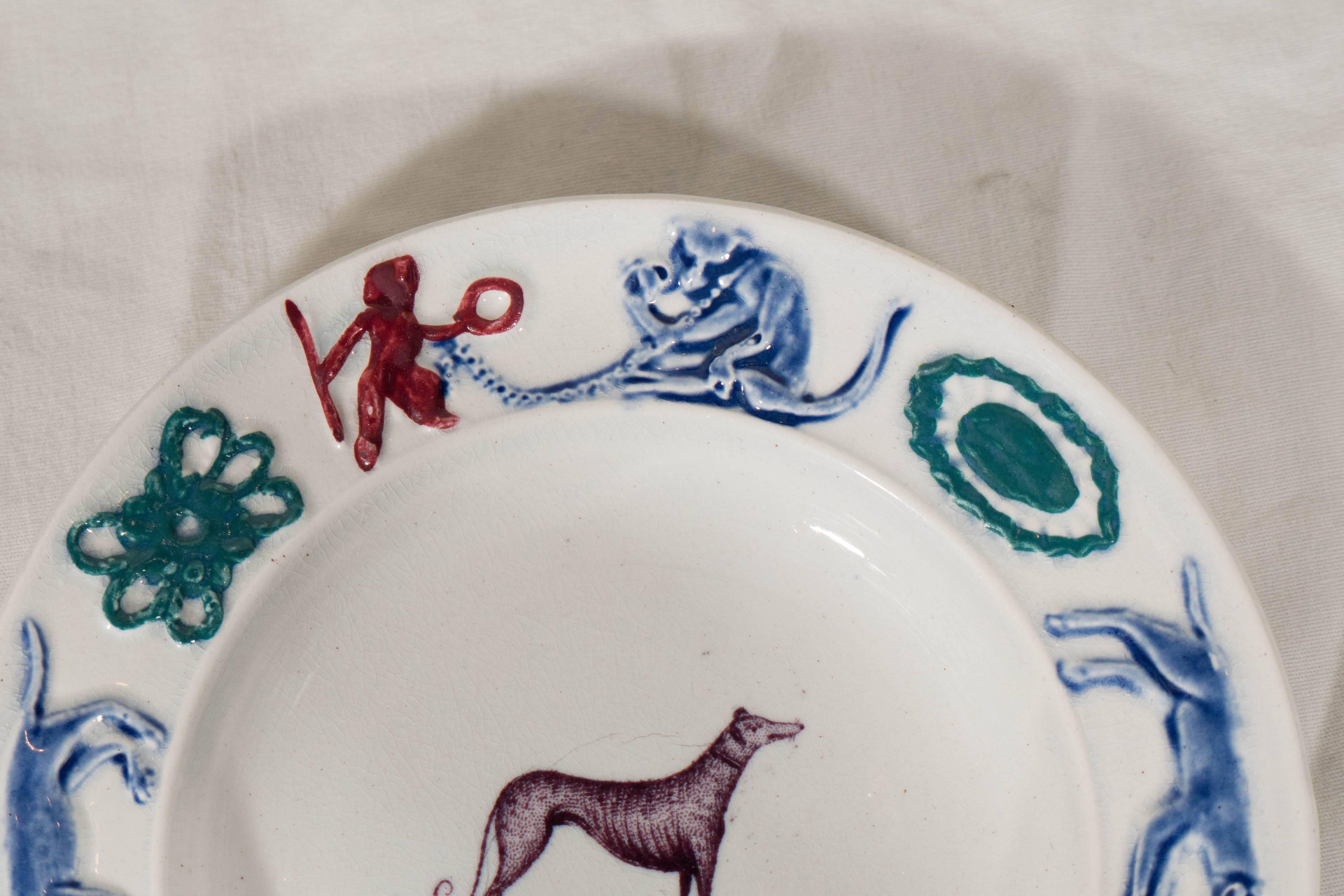 Folk Art  Antique Staffordshire Pottery Child's Plate Decorated with a Dog Monkey and Fox