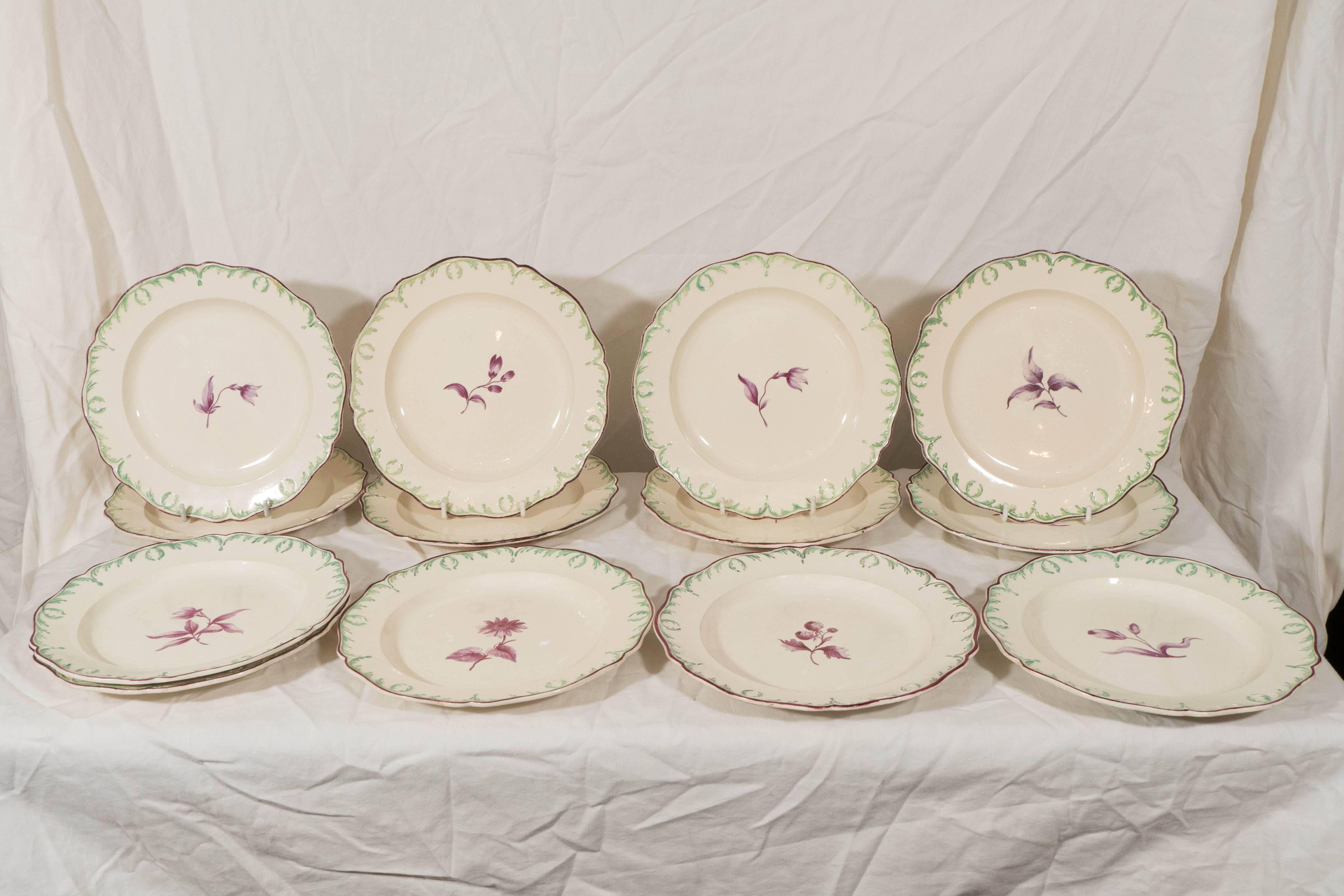 Hand-Painted Antique Wedgwood Creamware Dishes18th Century with a Green Feather Edge