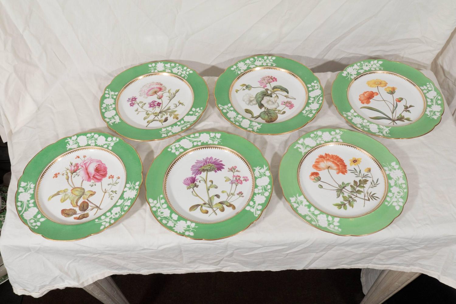 Antique Porcelain Dishes Apple Green Borders HandPainted Botanical