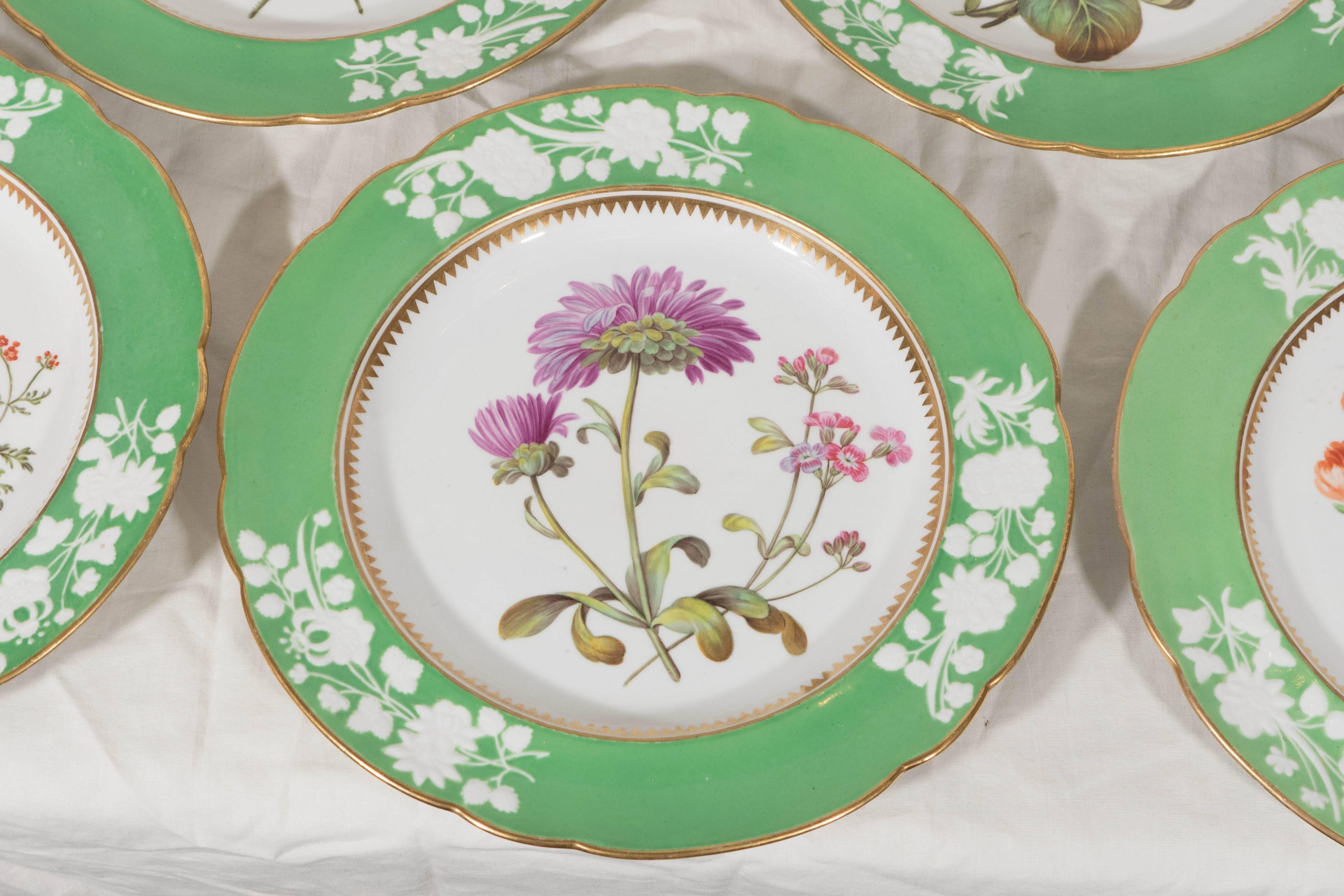 Antique Porcelain Dishes Apple Green Borders Hand-Painted  Botanical Flowers In Excellent Condition In Katonah, NY