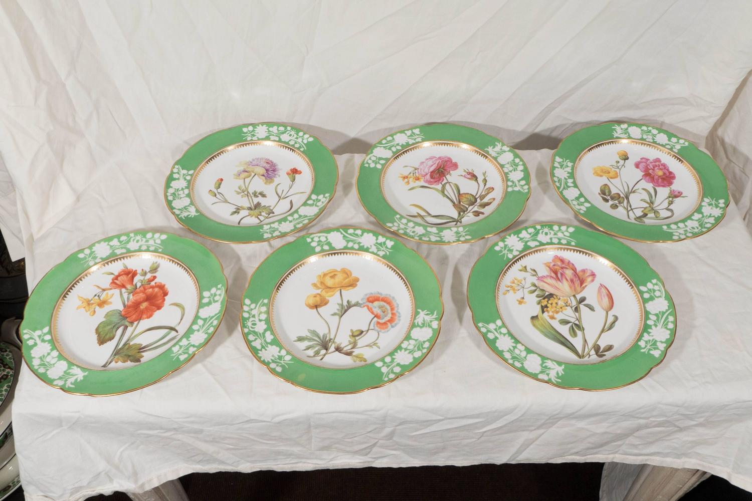 Antique Porcelain Dishes Apple Green Borders HandPainted Botanical