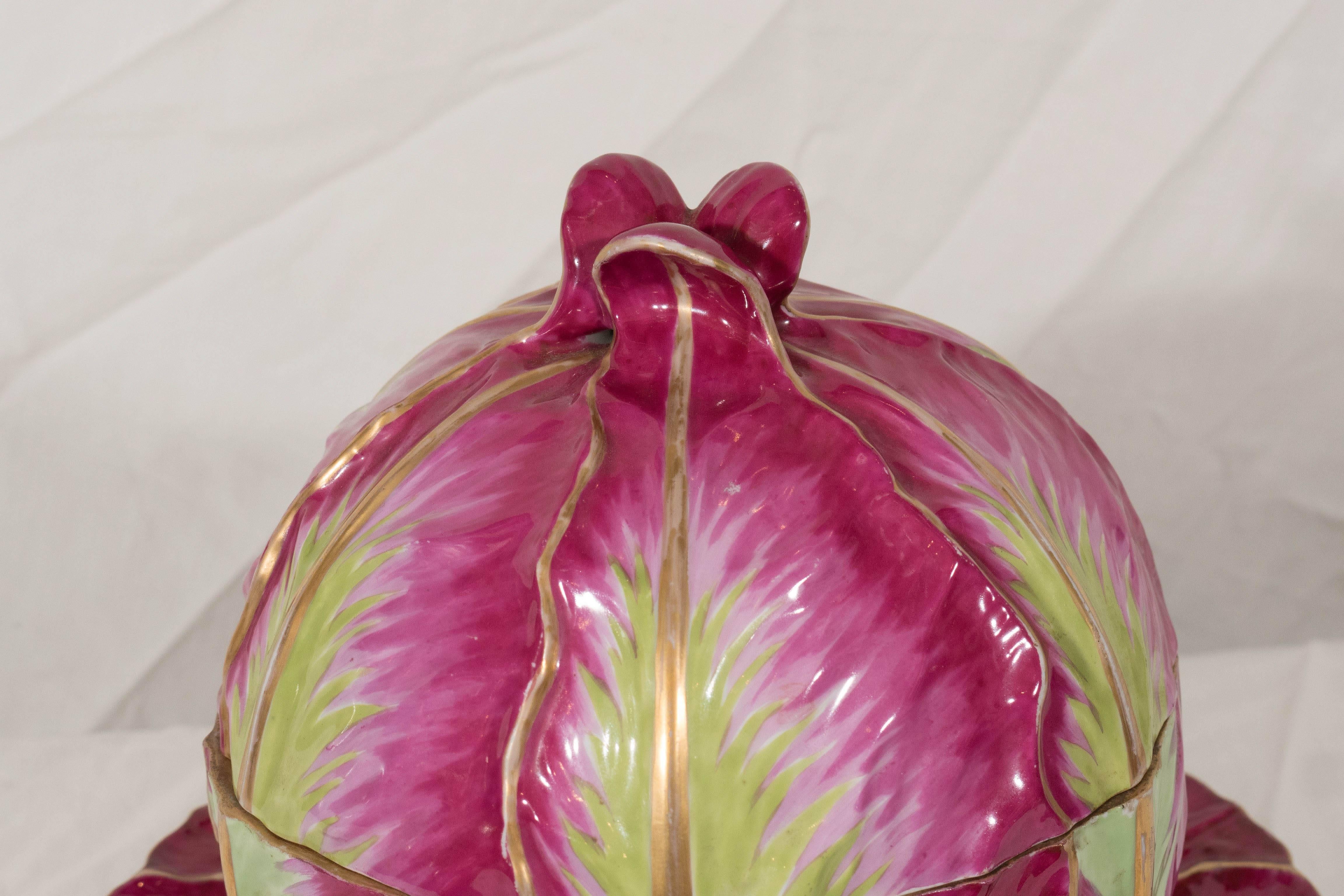 Porcelain Early 19th Century Meissen Cabbage Tureen Painted in Fuchsia and Green