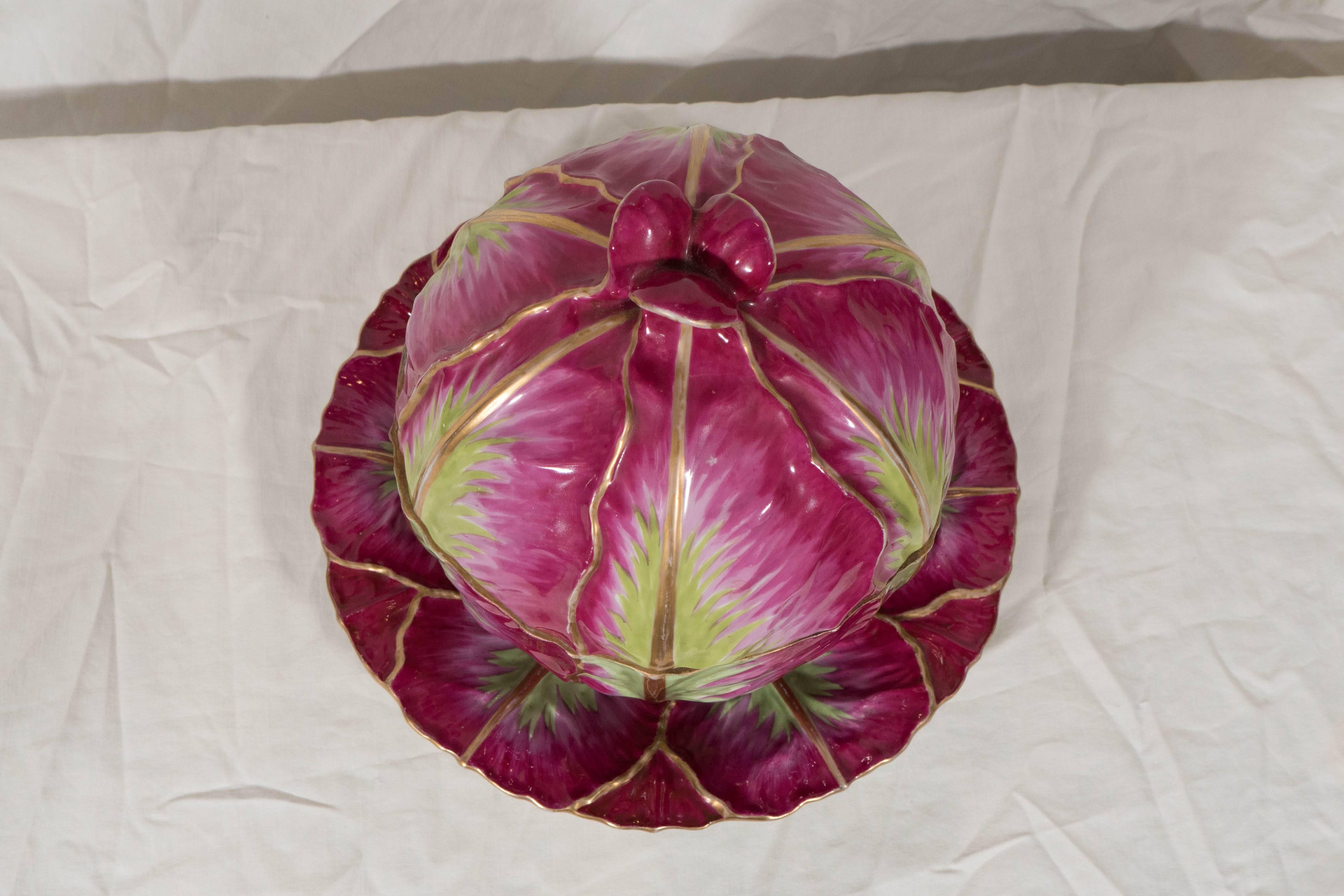Early 19th Century Meissen Cabbage Tureen Painted in Fuchsia and Green 1