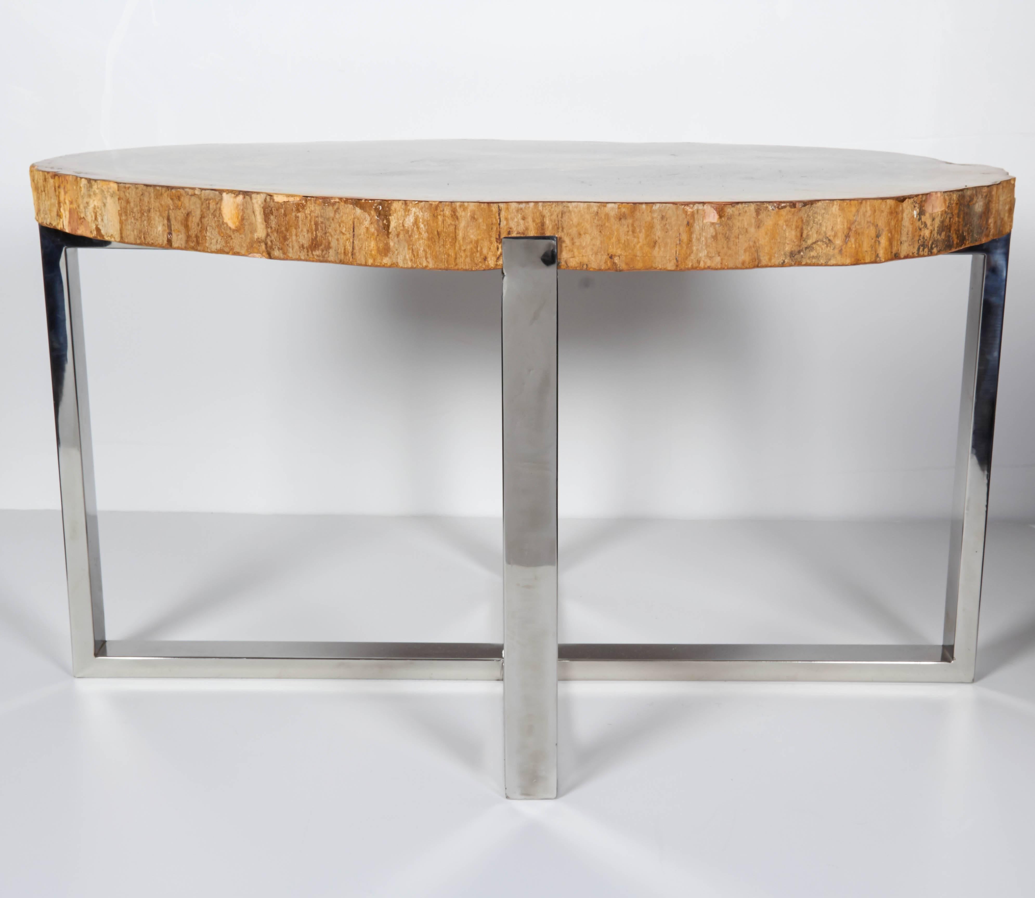Organic Modern Petrified Wood Side Table with Chrome Base 1