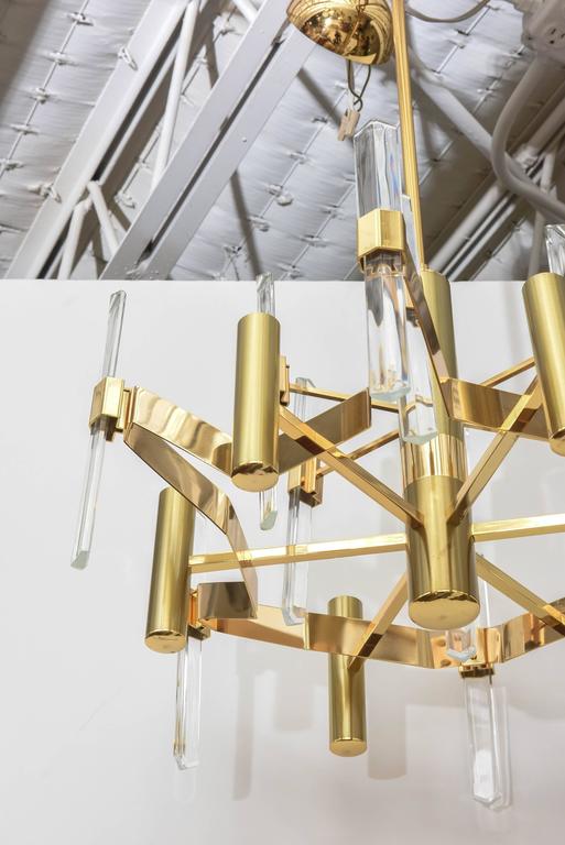 Six-light chandelier by Gaetano Sciolari. Gold-plated brass and vertical faceted crystals. Sciolari label inside canopy.