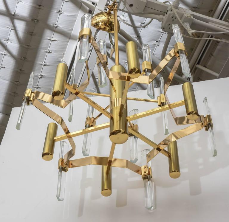 Mid-Century Modern Gold-Plated Brass and Crystal Chandelier by Gaetano Sciolari For Sale