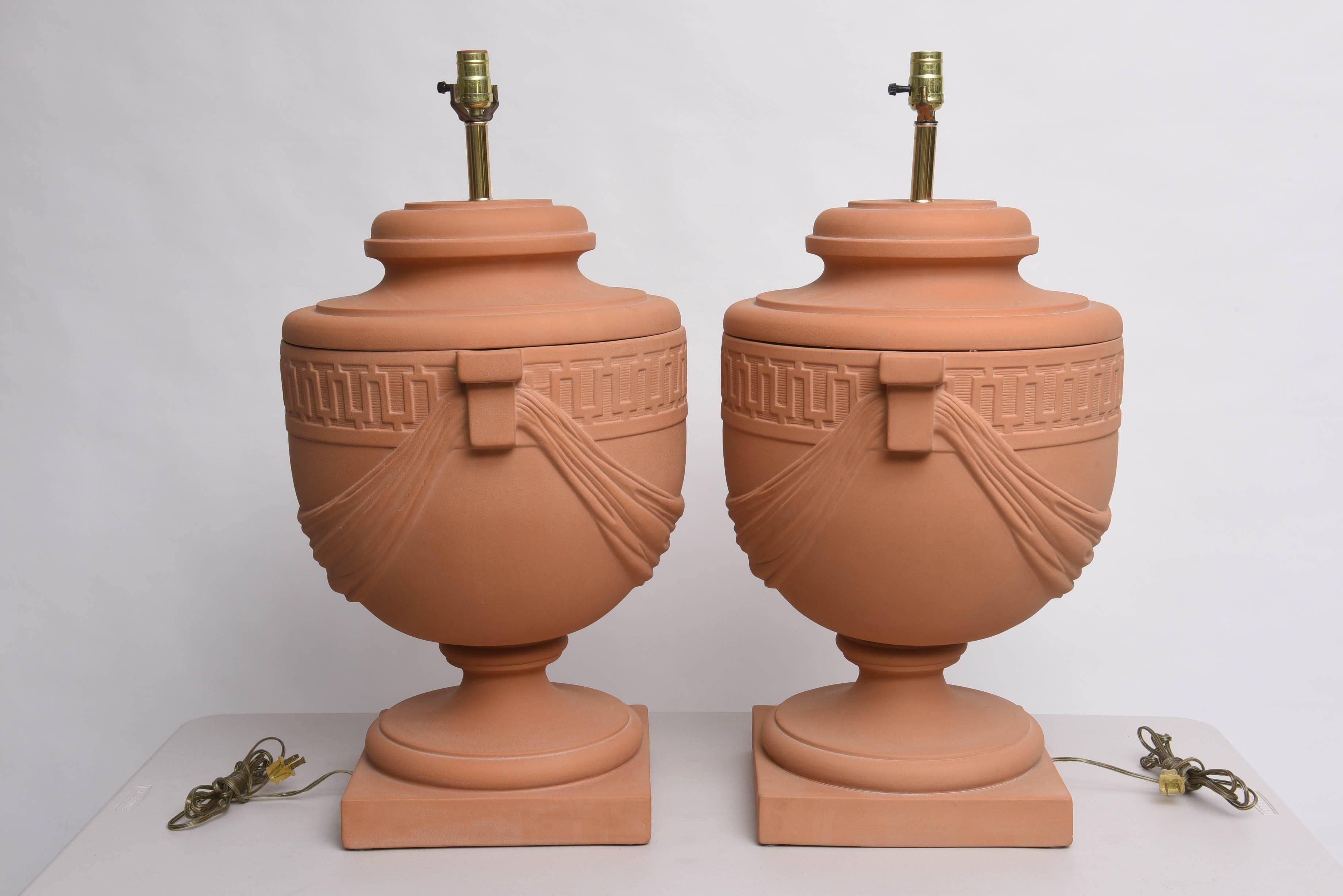 20th Century Pair of Large-Scaled Neoclassical Style Terra Cotta, Urn-Shaped Table Lamps