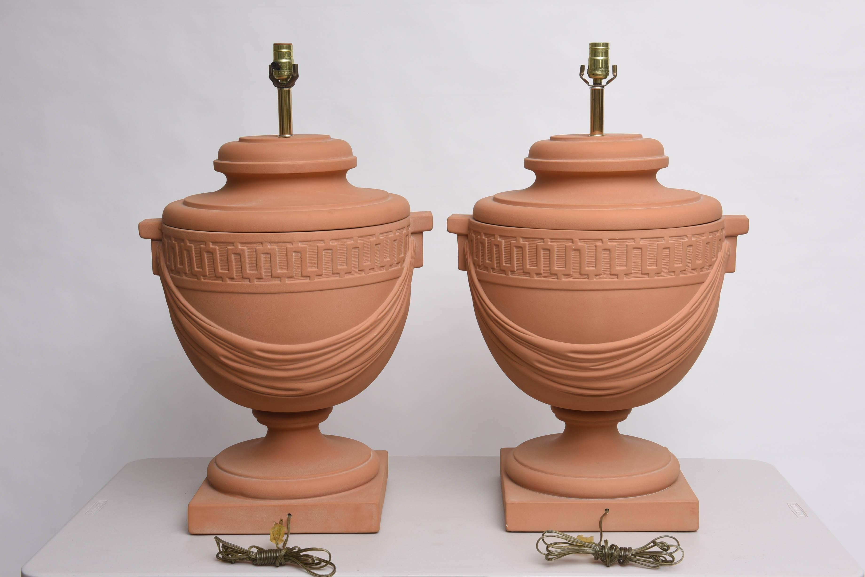 Pair of Large-Scaled Neoclassical Style Terra Cotta, Urn-Shaped Table Lamps 1