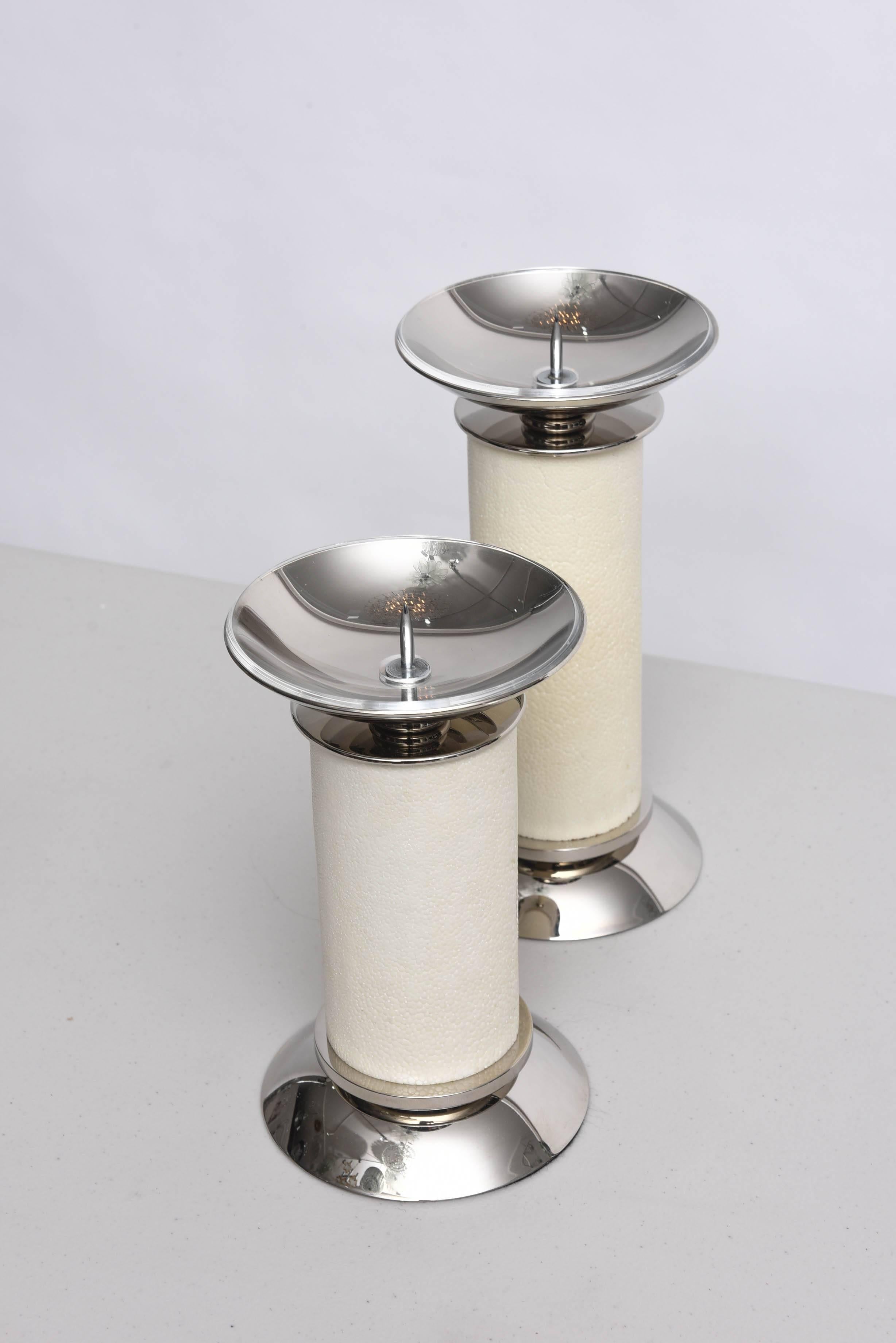 Two Piece Set of Karl Springer Candlesticks Ivory Shagreen and Nickel-Plated  In Excellent Condition In West Palm Beach, FL