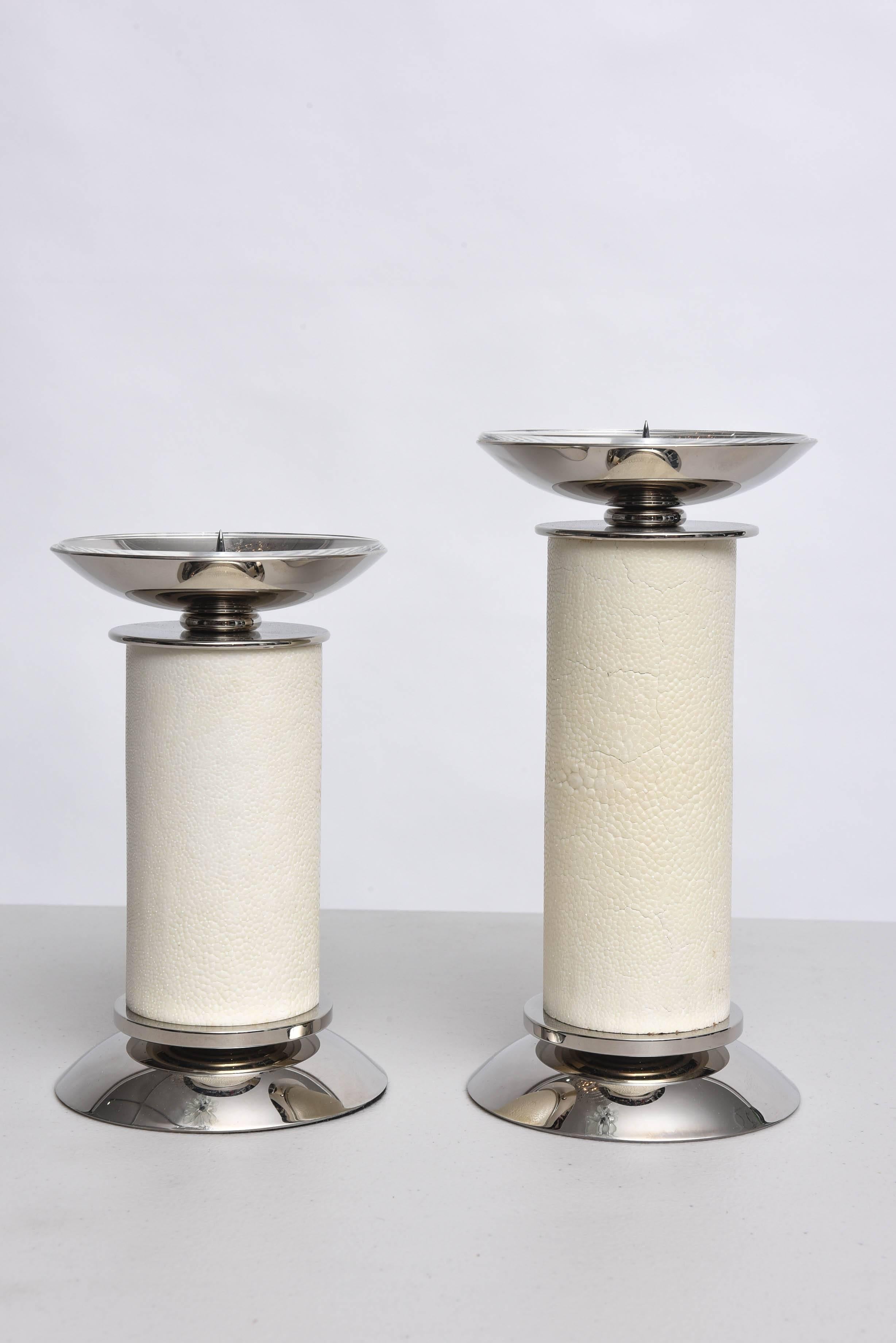 20th Century Two Piece Set of Karl Springer Candlesticks Ivory Shagreen and Nickel-Plated 