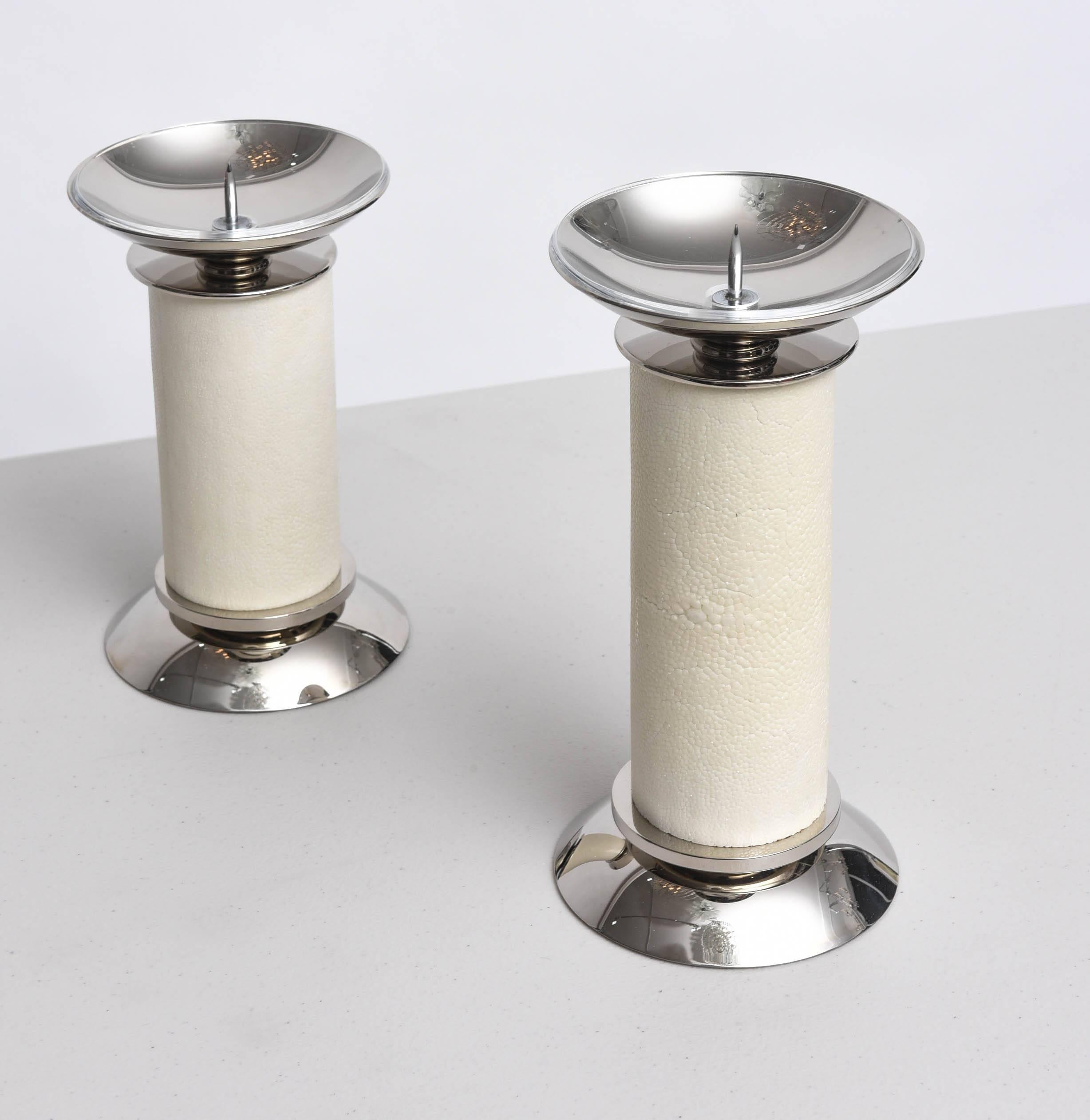 Two Piece Set of Karl Springer Candlesticks Ivory Shagreen and Nickel-Plated  1