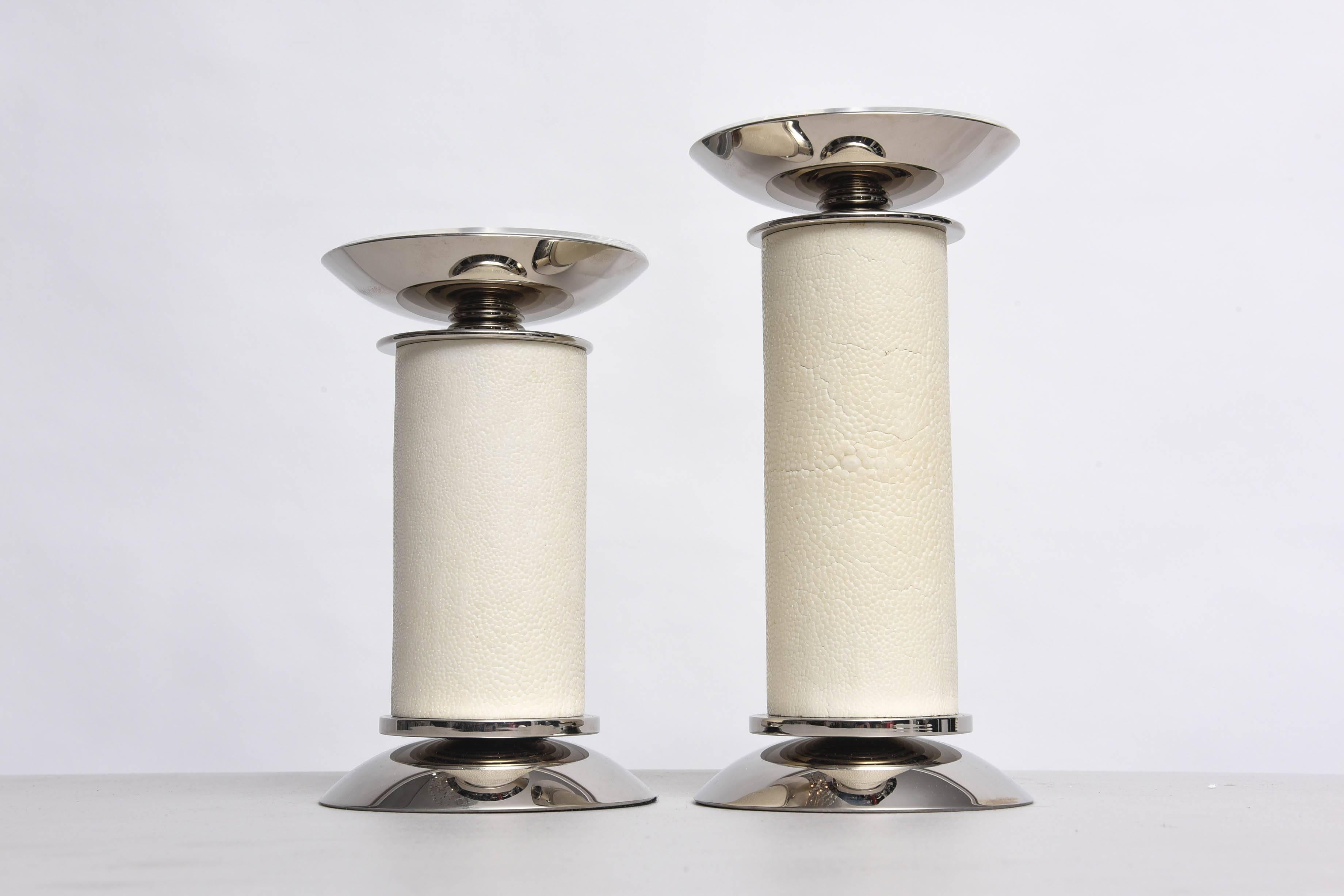 Two Piece Set of Karl Springer Candlesticks Ivory Shagreen and Nickel-Plated  2