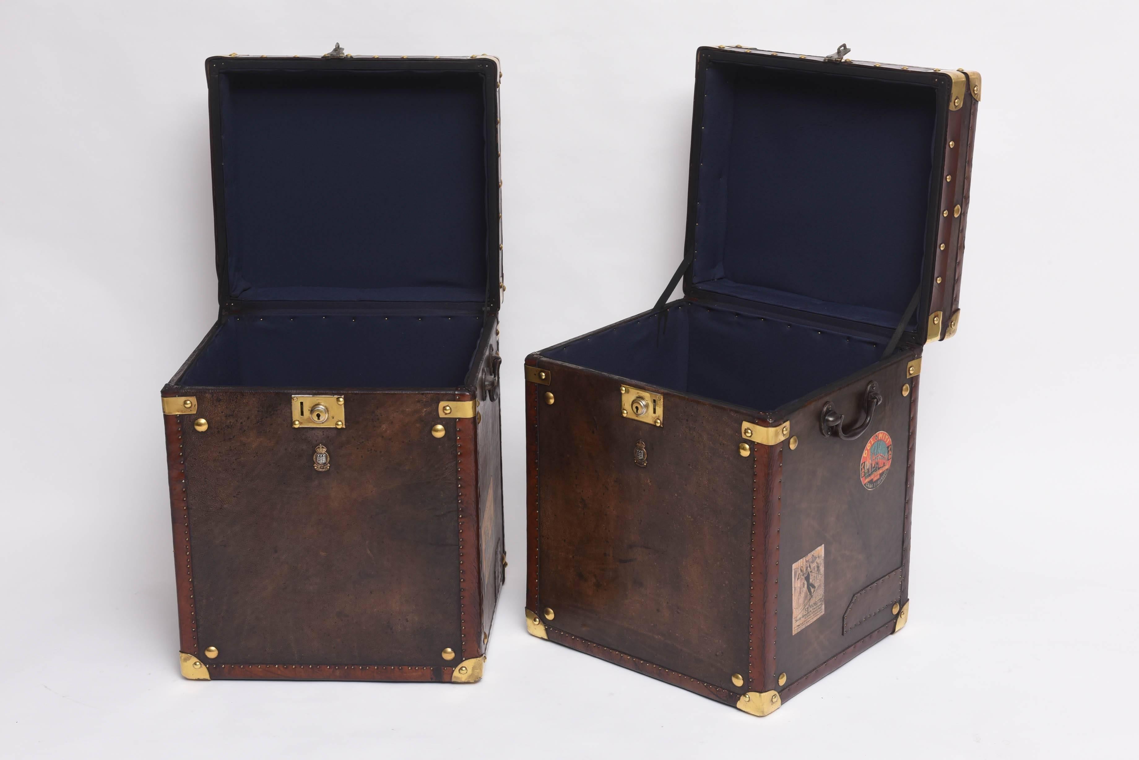 British Colonial Pair of Rare Vintage Leather Trunks with Brass Hardware, England, 1940s 